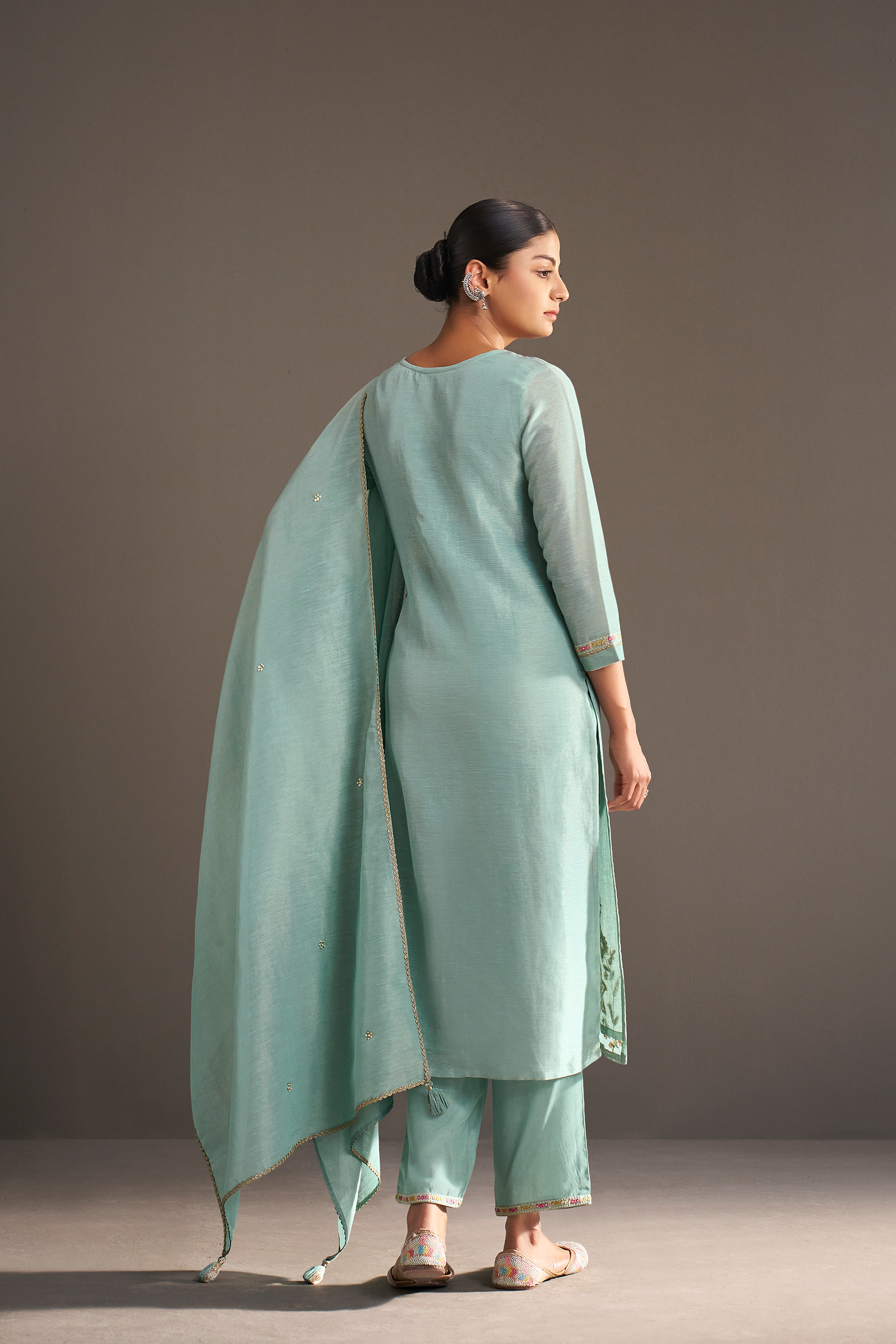 Seafoam Blue Shimmer Linen Embroidered Kurta Set