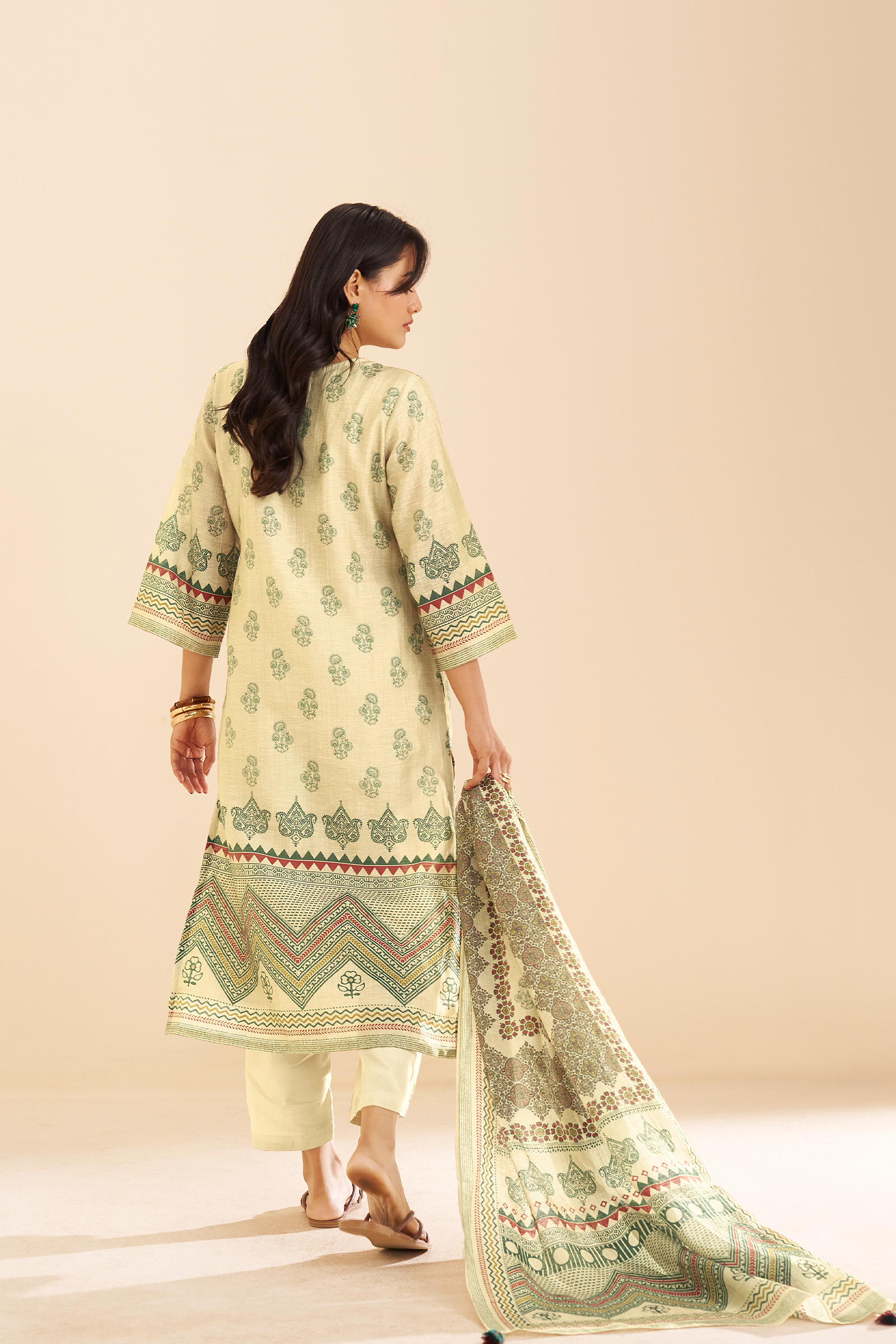 Pistachio Sage Shimmer linen Digital printed Kurta Set