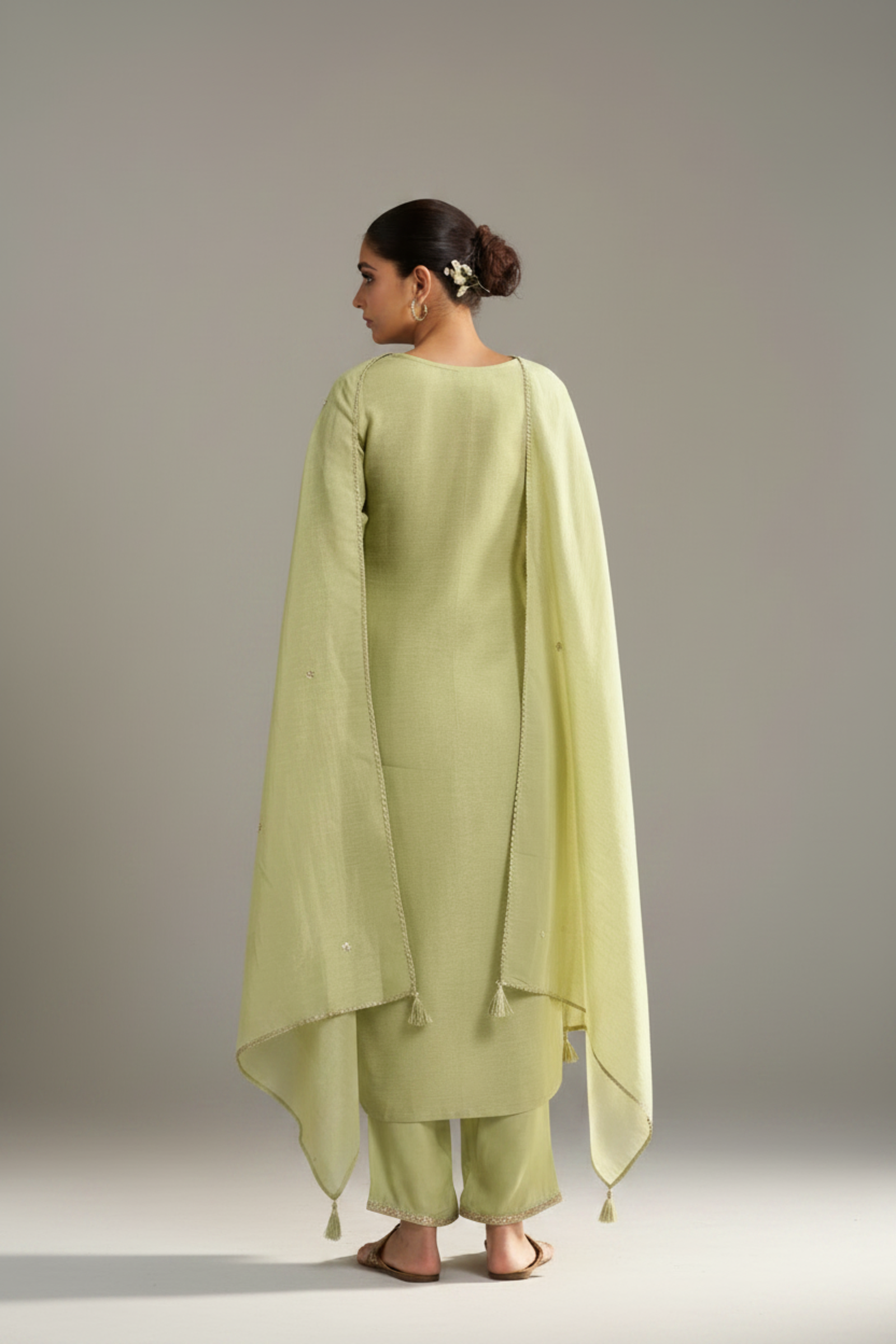 Soft Olive Shimmer Linen Embroidered Kurta Set