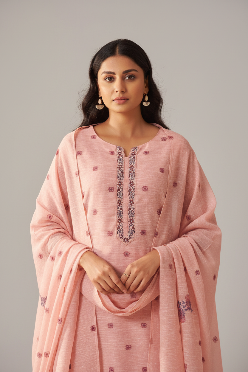 Truffle Pink Linen Chanderi Jacquard Kurta Set