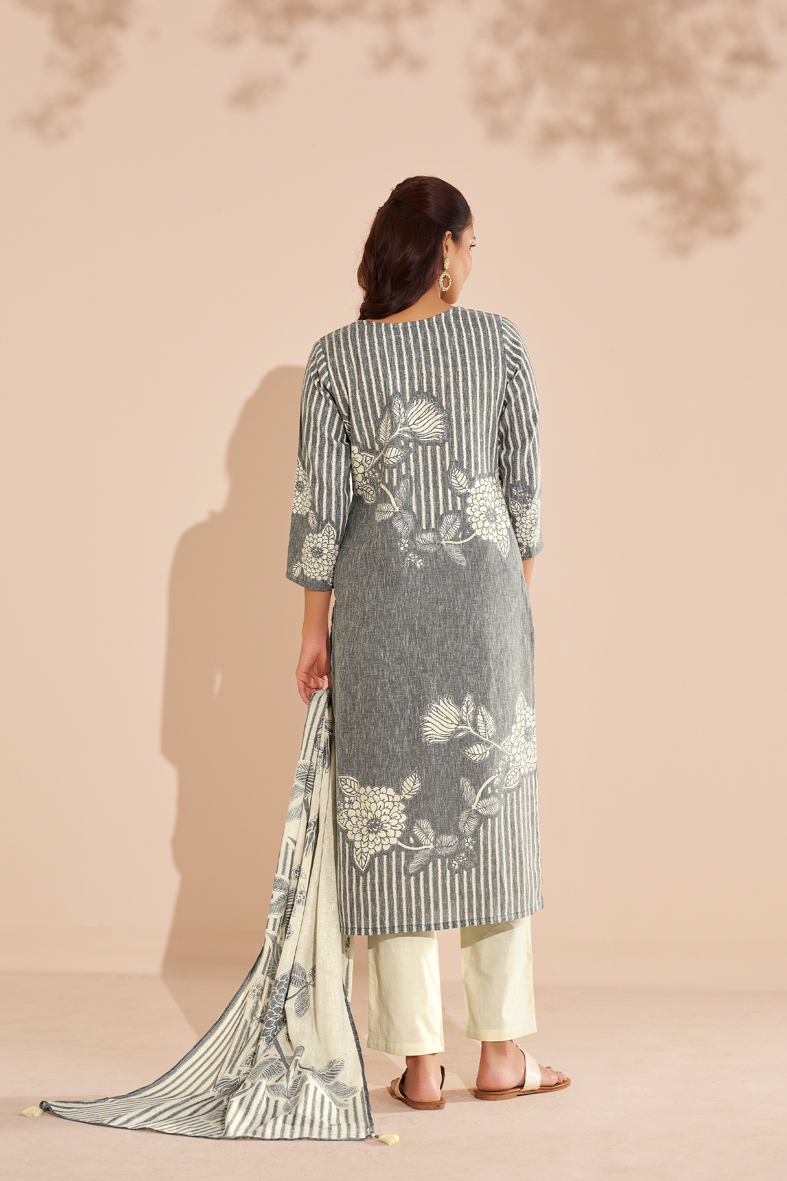 Ash Grey Cotton Linen Digital Printed Kurta Set