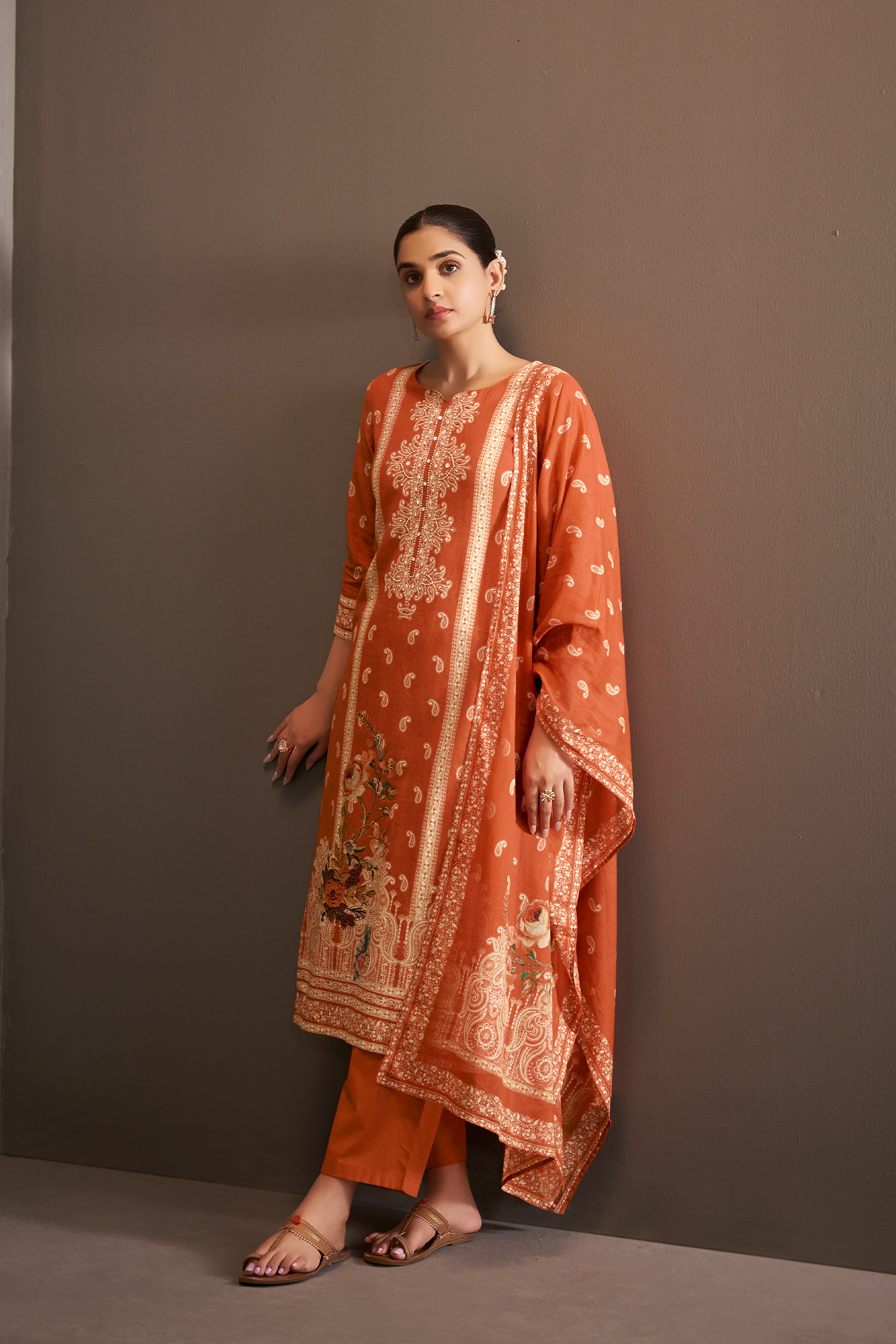 Rust Amber Cotton Linen Digital Printed Kurta Set
