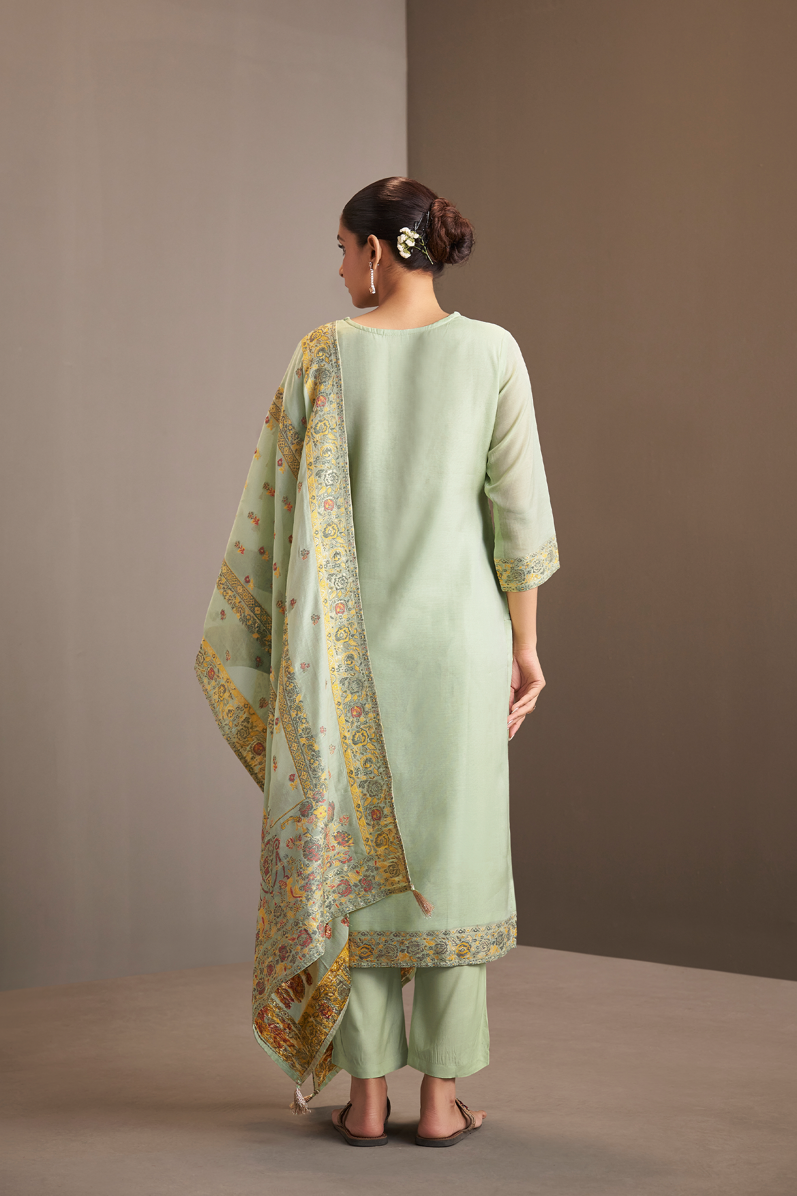 Soft Celadon Chanderi Multi-Meena Work Jacquard Kurta Set