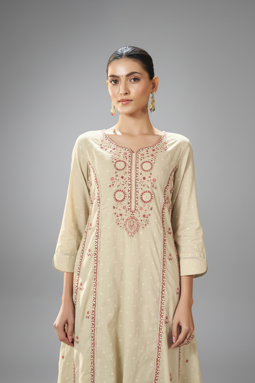 Cream Taupe Table Print Embroidered Kurta Set