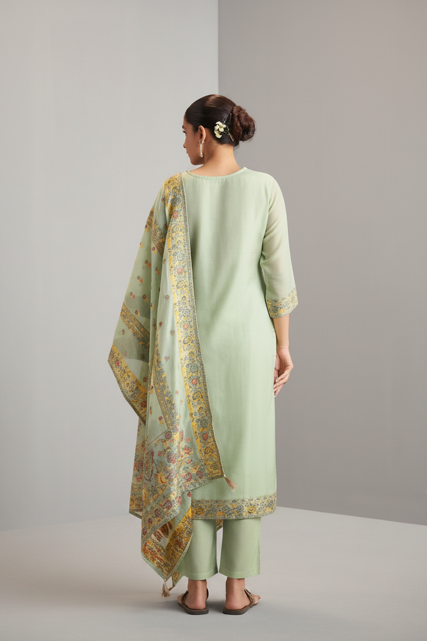 Soft Celadon Chanderi Multi-Meena Work Jacquard Kurta Set