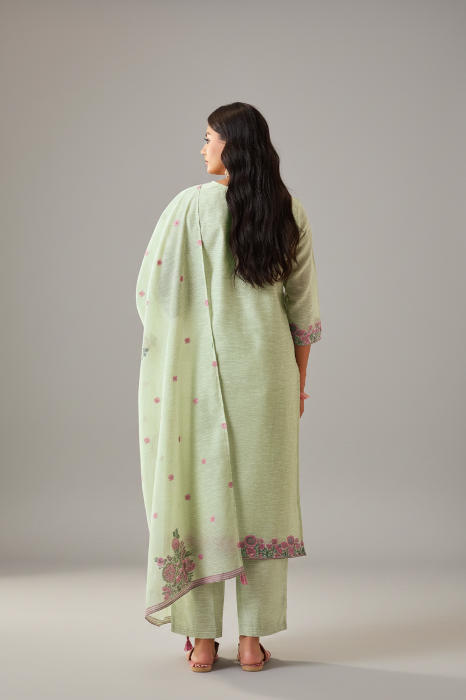 Blooming Pistachio Linen Chanderi Jacquard Kurta Set