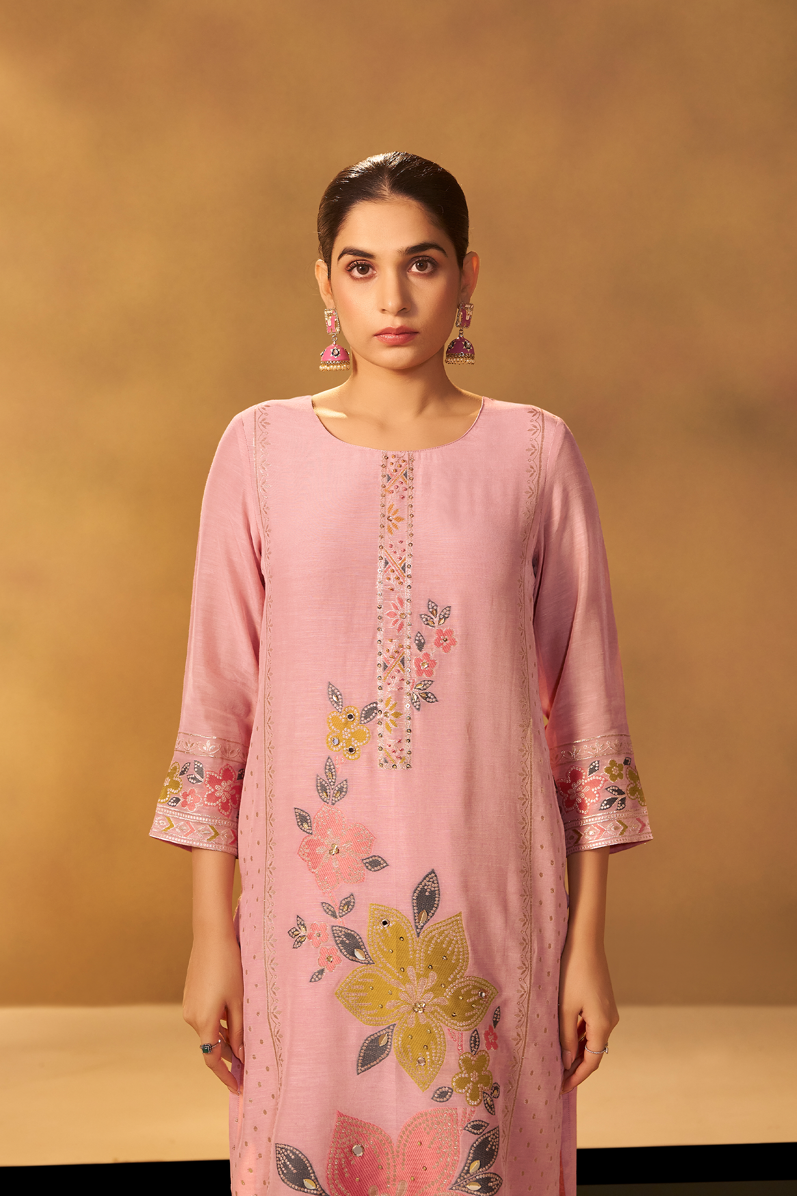 Blush Apricot Linen Jacquard Multi Meena Kurta Set