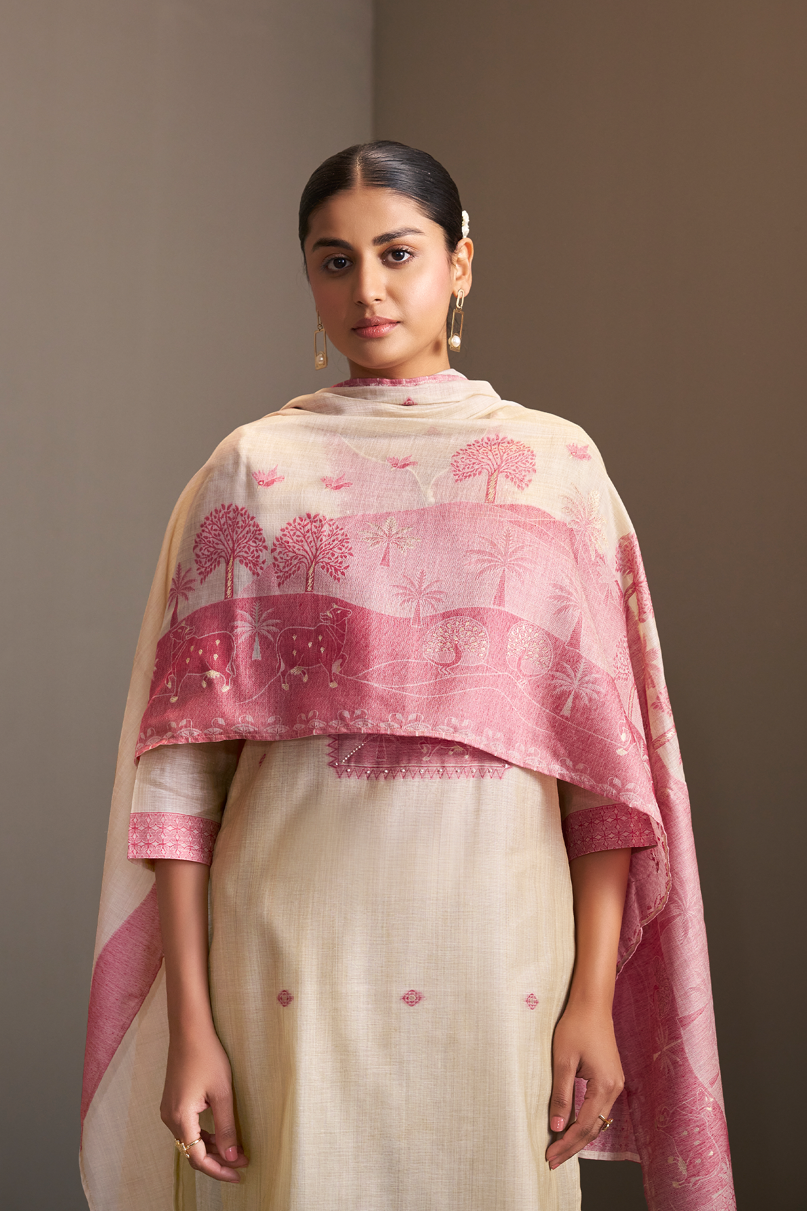 Rosewood Ivory Linen Chanderi Jacquard Kurta Set