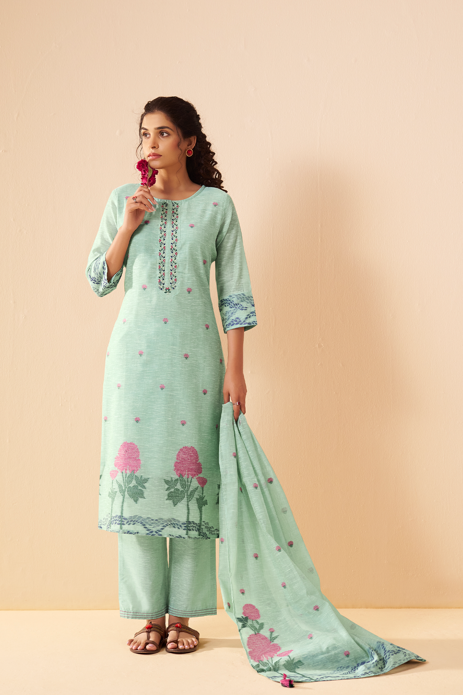 Mint Peony Linen Chanderi Jacquard Kurta Set