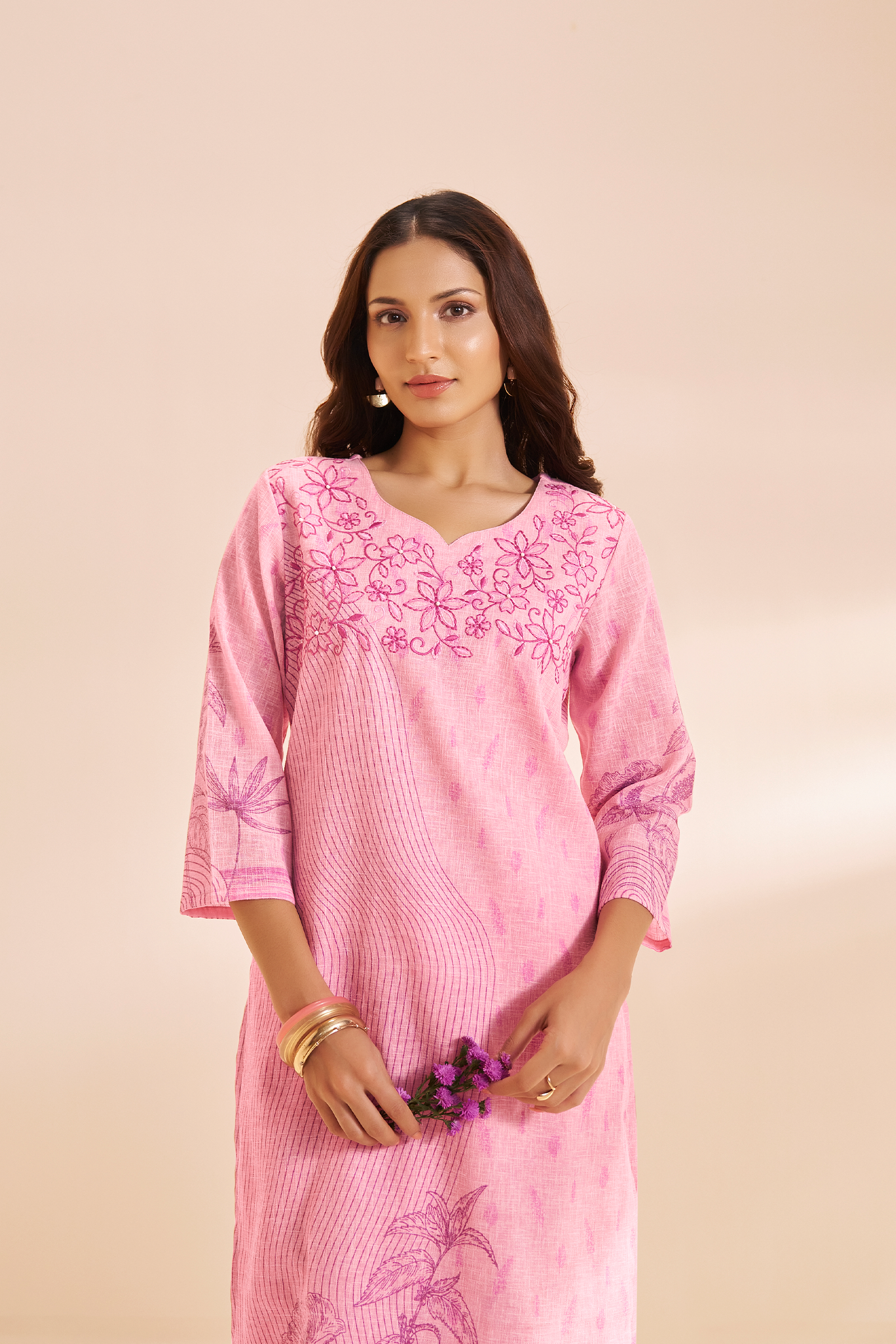 Soft Fuchsia Linen Cotton Digital Printed Kurta Set