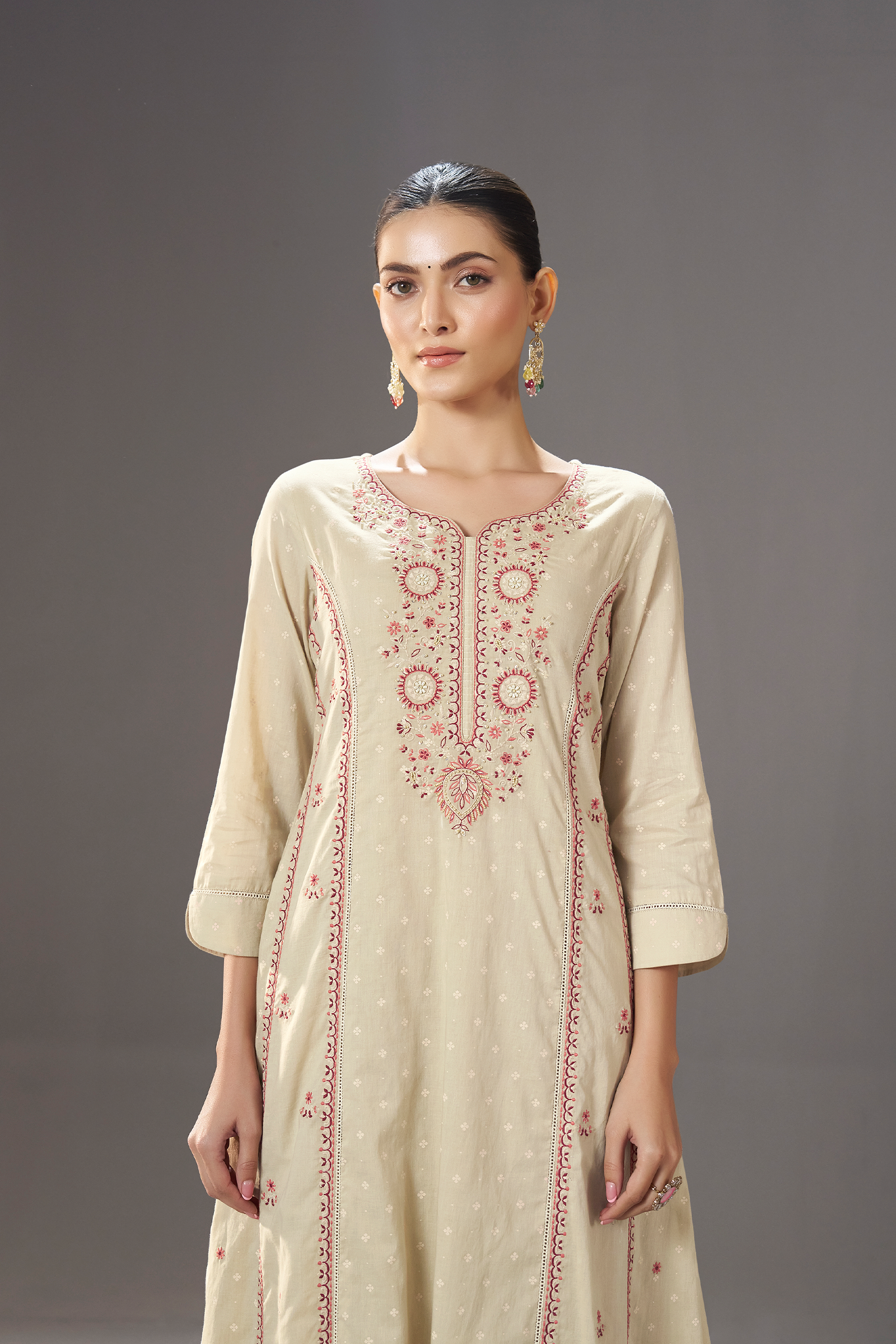 Cream Taupe Table Print Embroidered Kurta Set