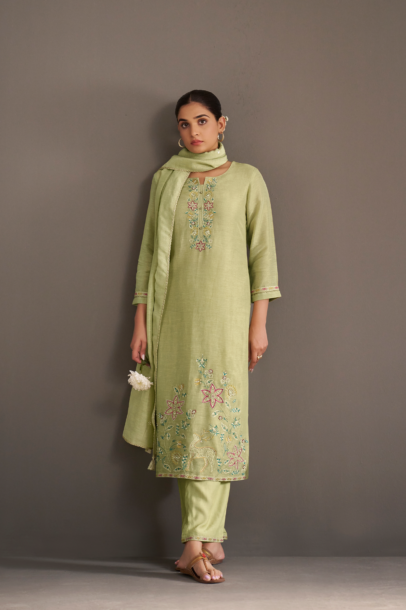 Soft Olive Shimmer Linen Embroidered Kurta Set