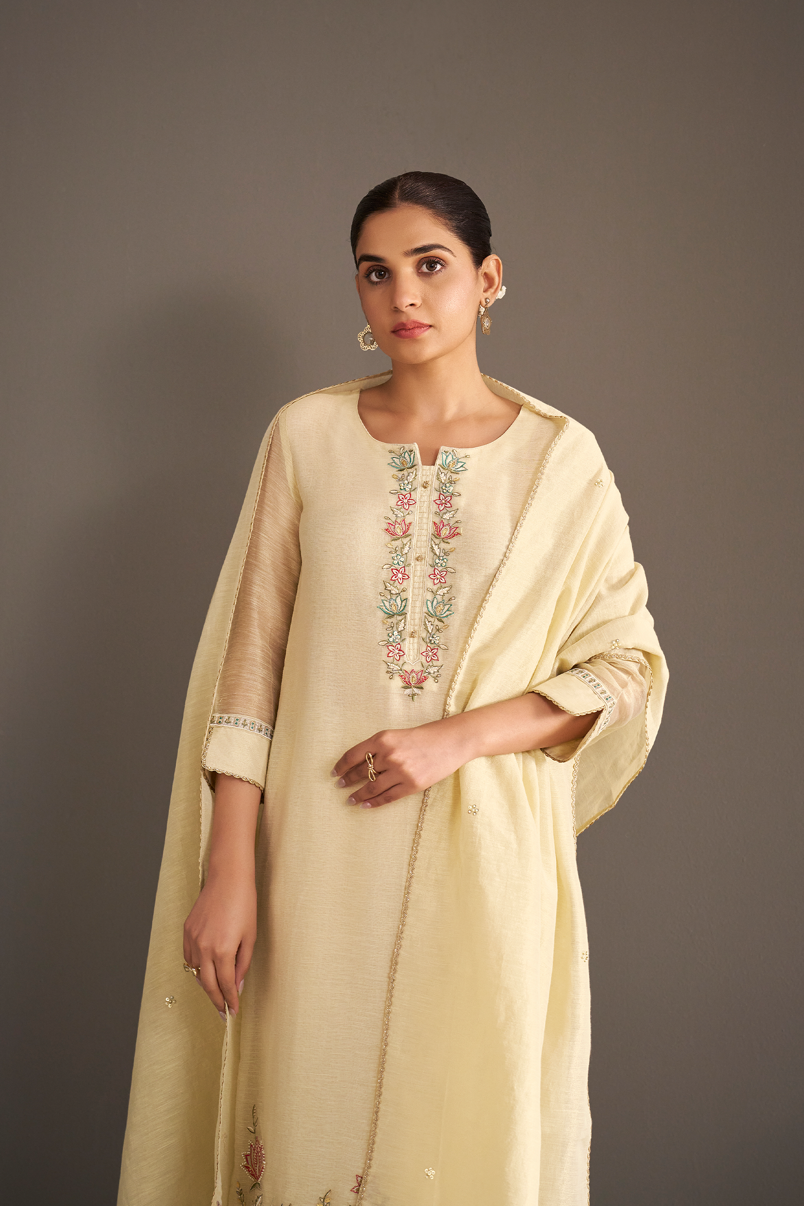 Pearl Sand Shimmer Linen Embroidered Kurta Set