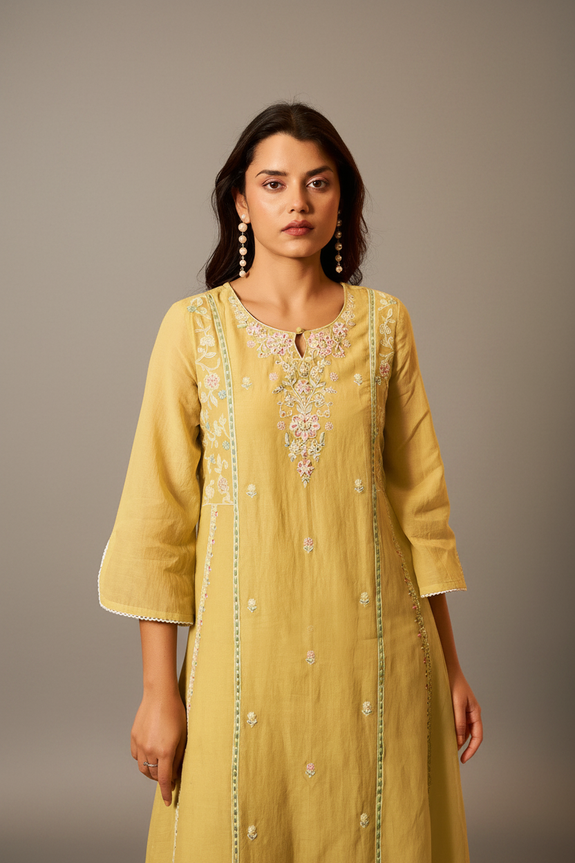 Sunlit Ochre Mul Chanderi A-Line Embroidery Kurta Set