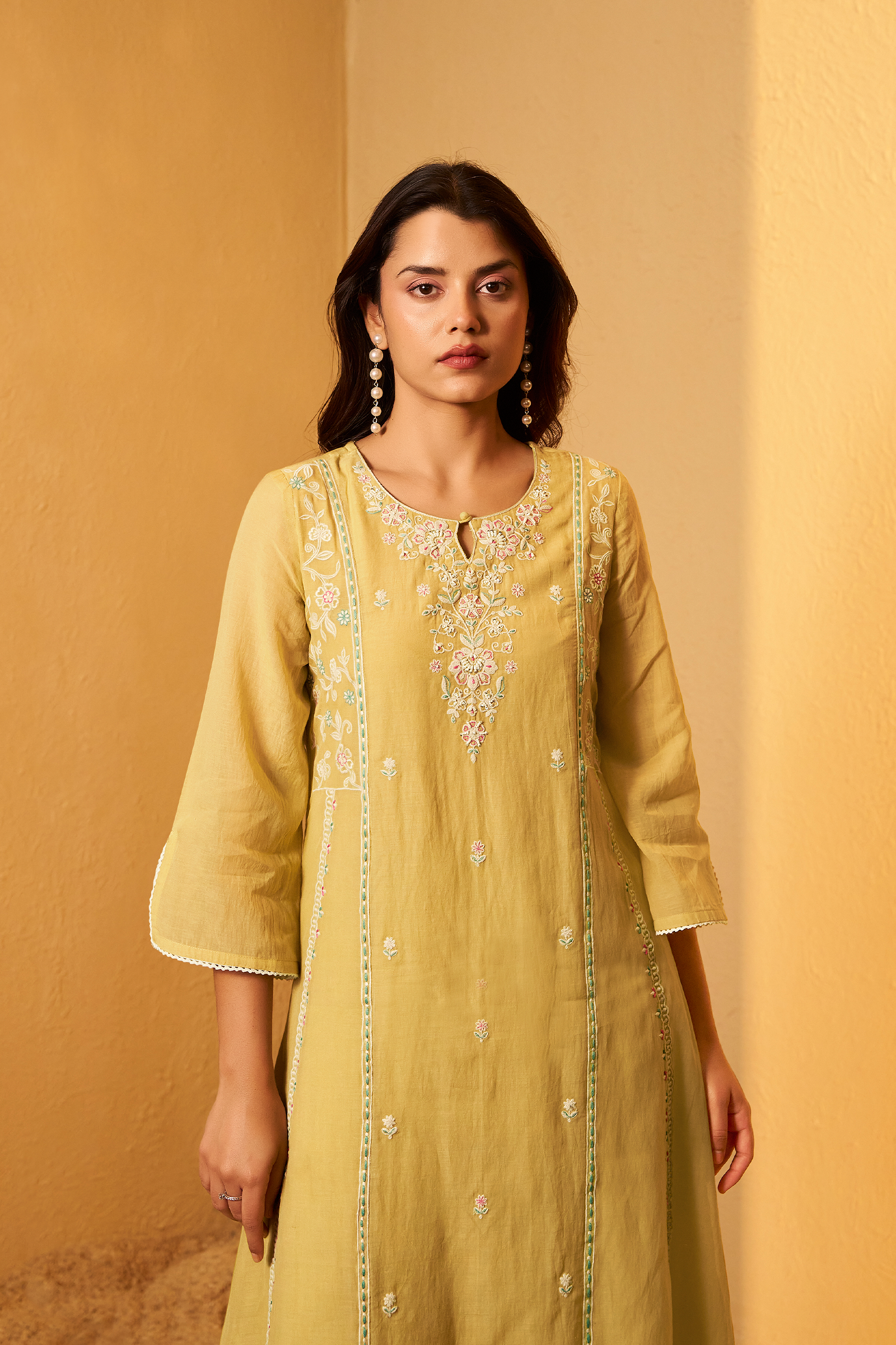 Sunlit Ochre Mul Chanderi A-Line Embroidery Kurta Set