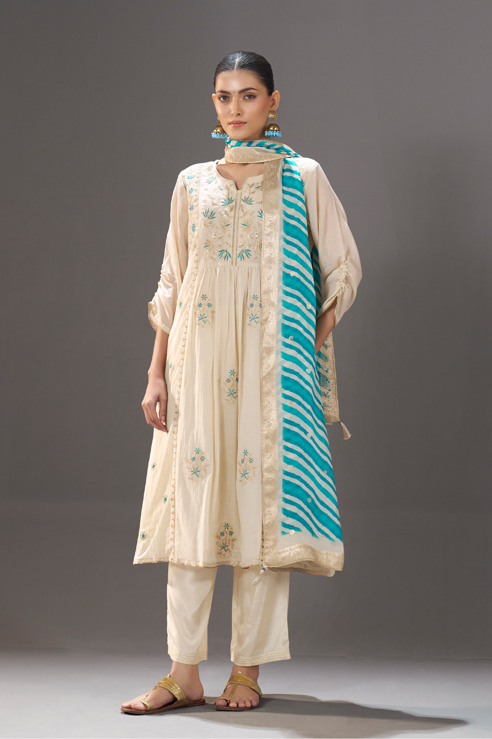 Turquoise Pearl Embroidery Kurta Set with Leheriya Dupatta
