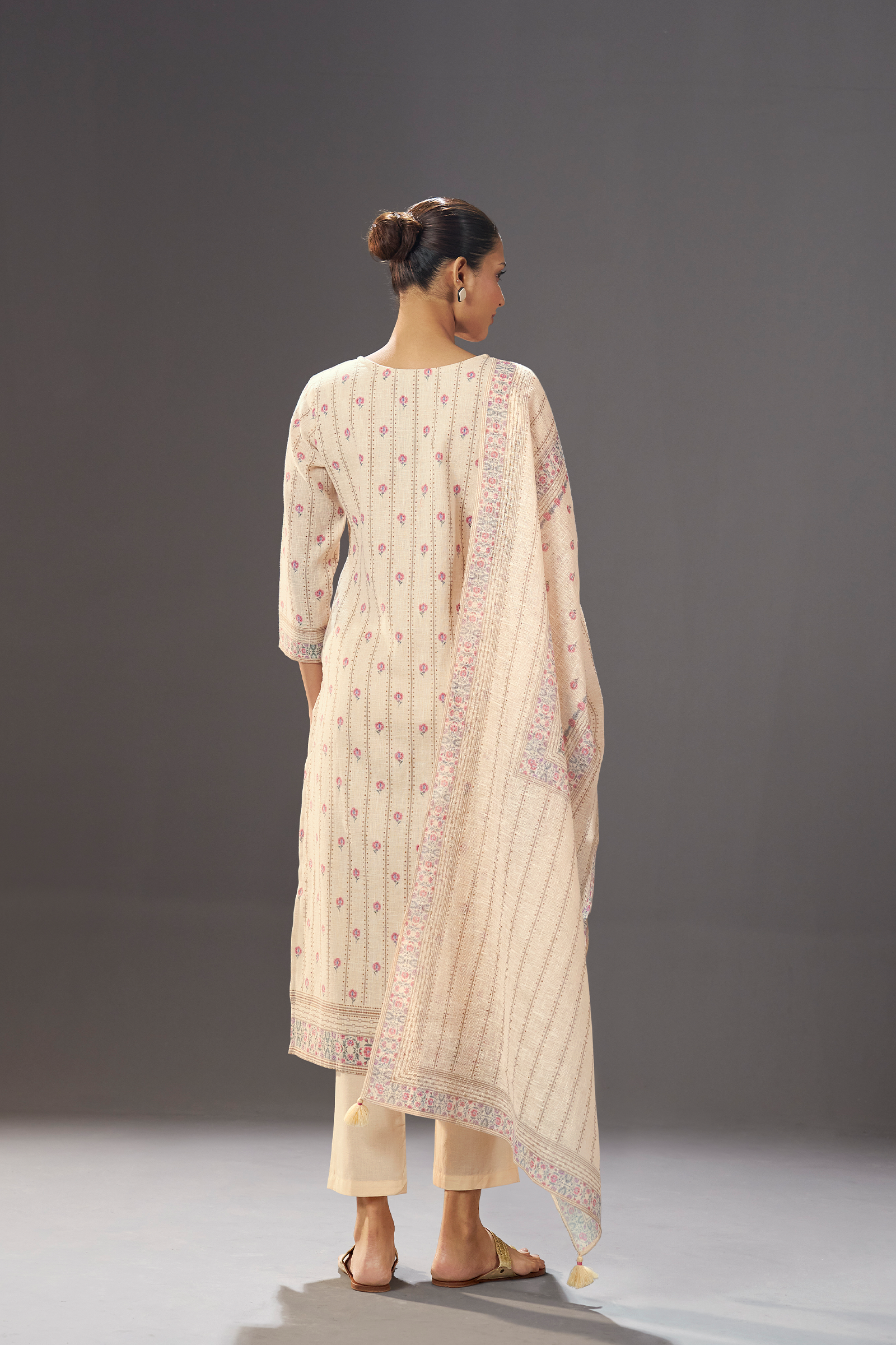 Ivory Petal Vine Linen Cotton Digital Printed Kurta Set