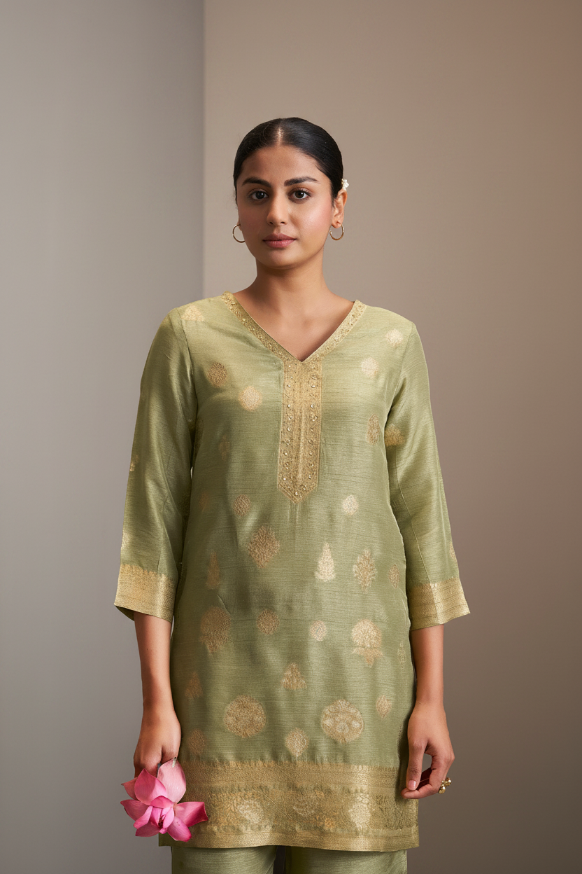 Sage Gold Linen Jacquard Co-Ord Set