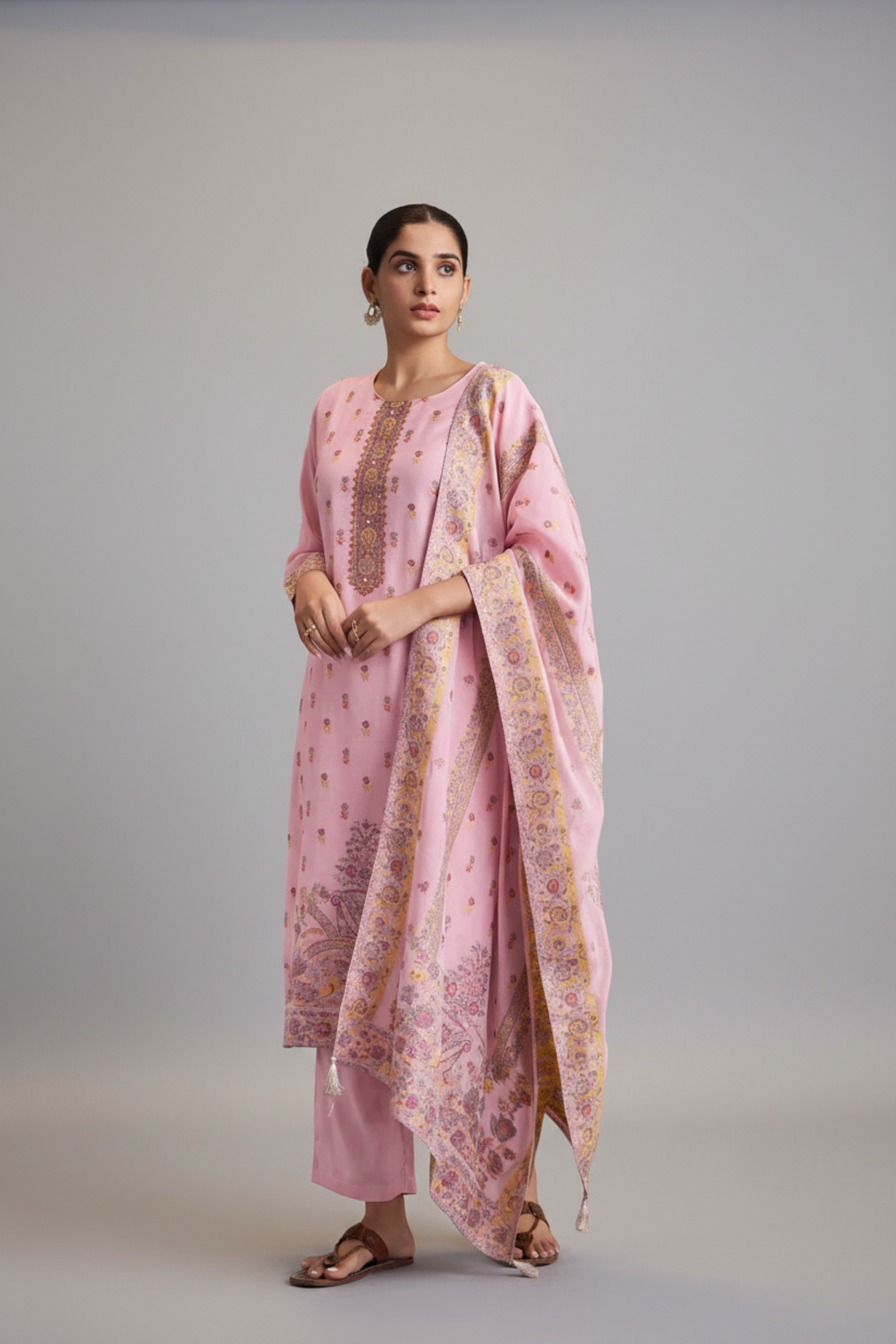 Rose Quartz Pink Chanderi Multi-Meena Work Jacquard Kurta Set