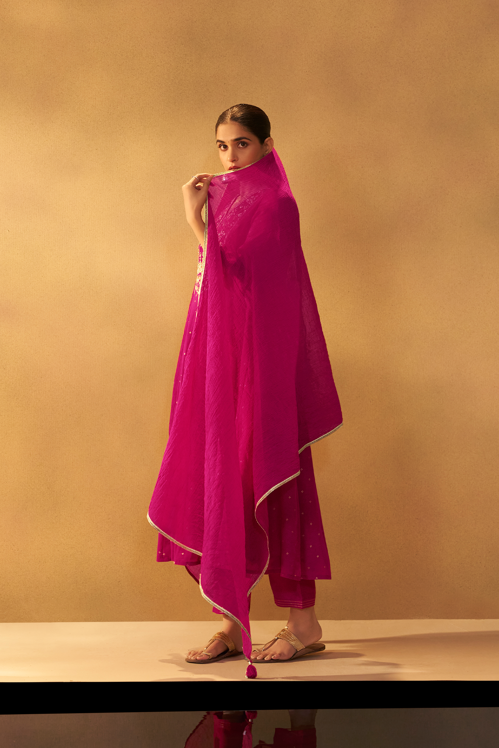 Bold Magenta Mul Chanderi Table Print Anarkali Kurta Set