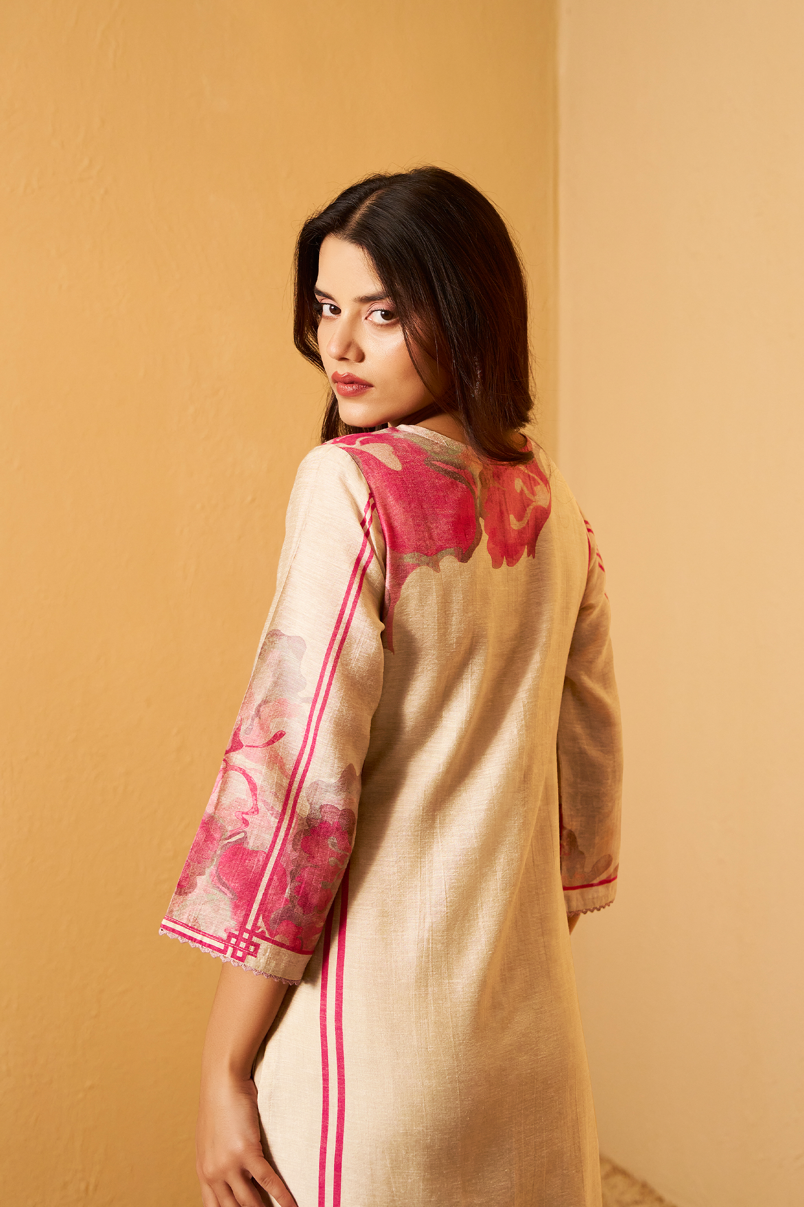 Beige Bloom Shimmer Linen Digital Print Kurta Set