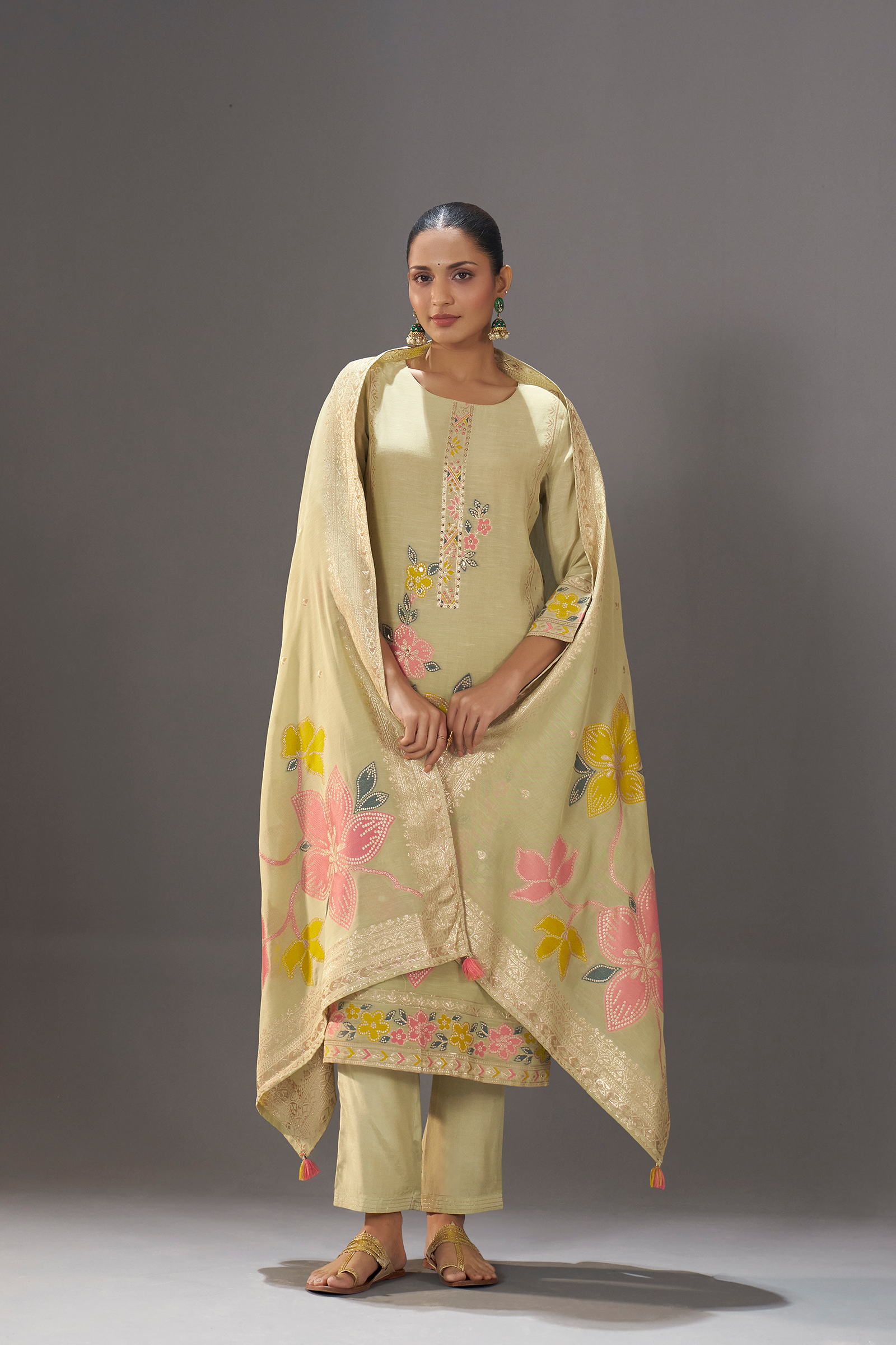 Sage Floral Reverie Viscose Linen Jacquard Multi Meena Kurta Set