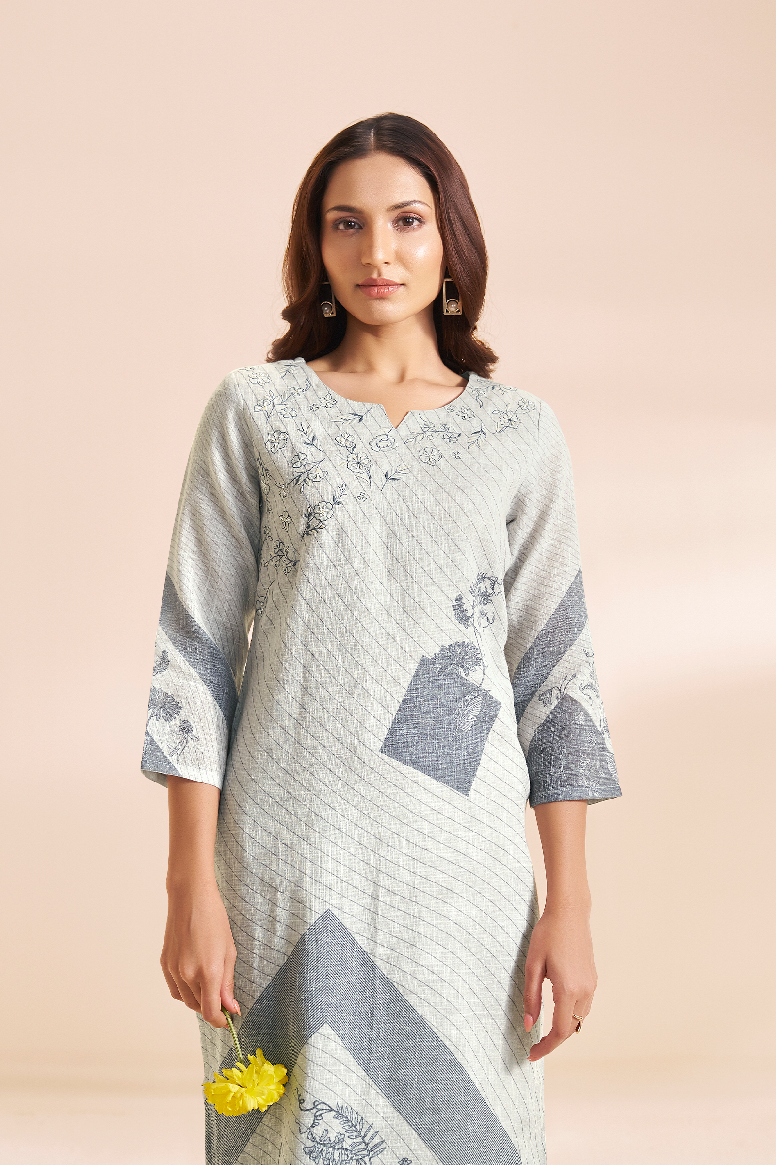 Silver Ash Linen Cotton Digital Printed Kurta Set