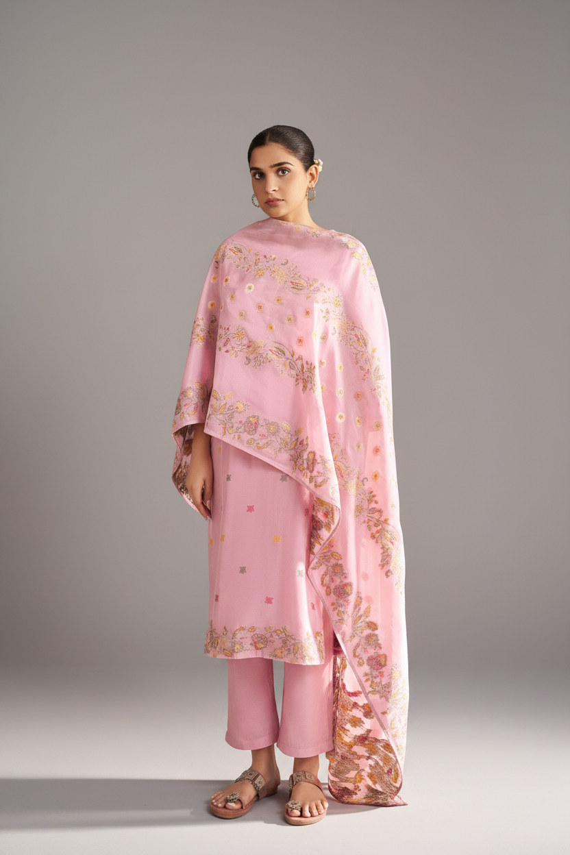 Soft Peony Chanderi Multi-Meena Work Jacquard Kurta Set