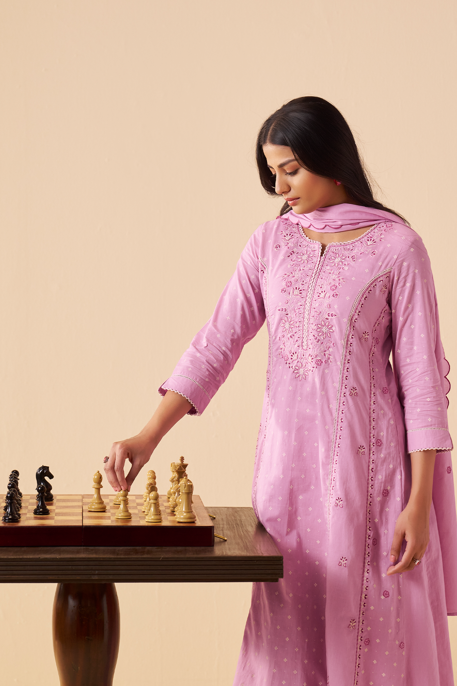 Lilac Blush Table Print Embroidered Kurta Set
