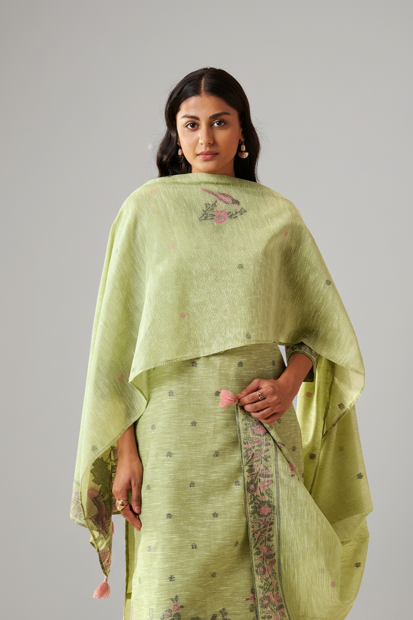 Sage Garden Linen Chanderi Jacquard Kurta Set