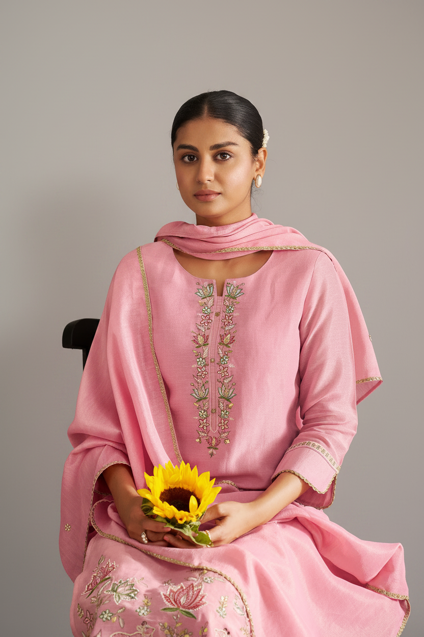 Powder Rosé Shimmer Linen Embroidered Kurta Set