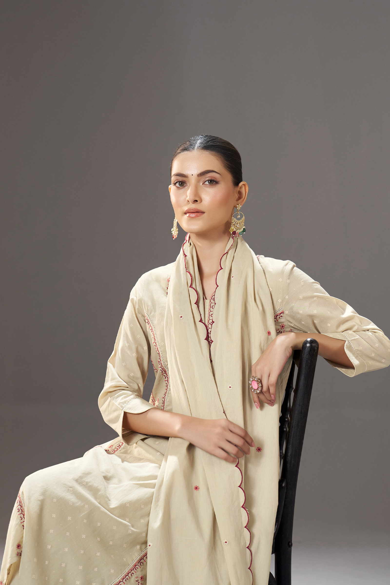 Cream Taupe Table Print Embroidered Kurta Set