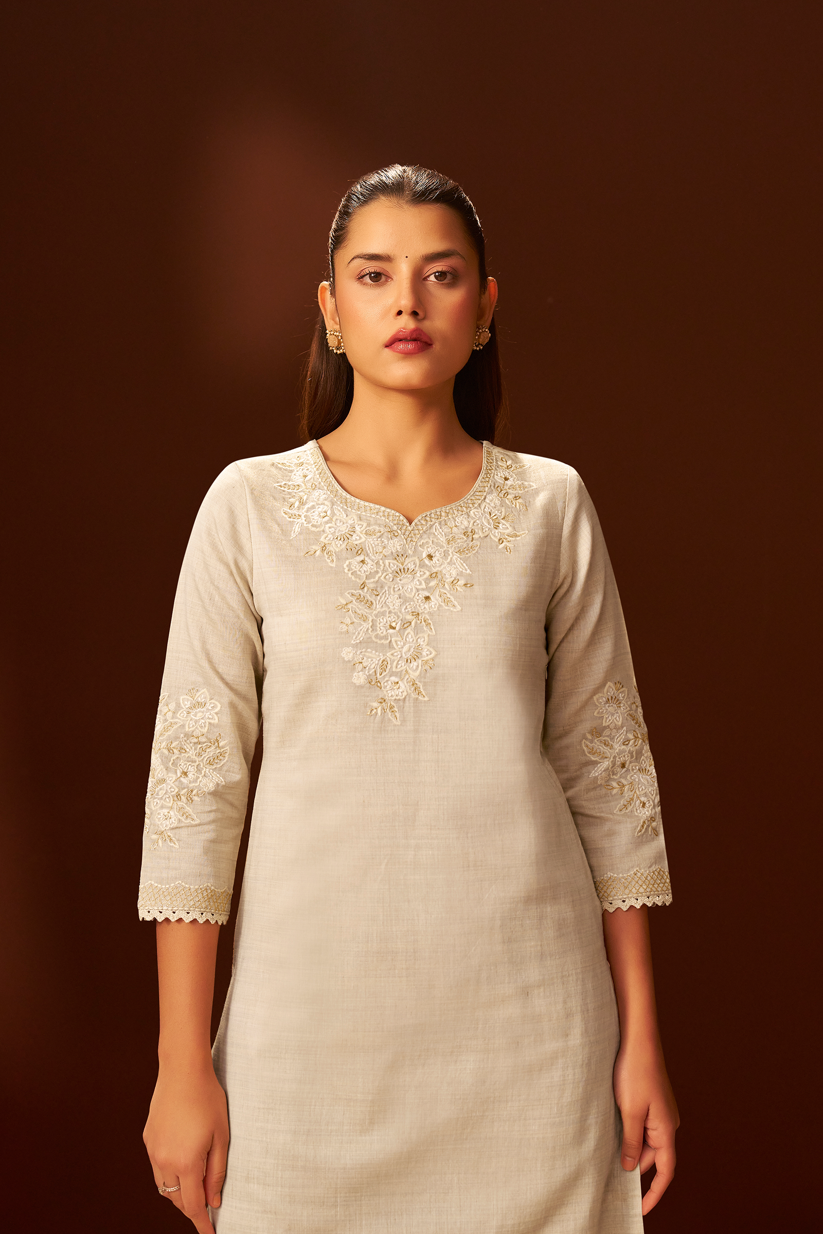 Mushroom Beige Chanderi Embroidery Kurta Set