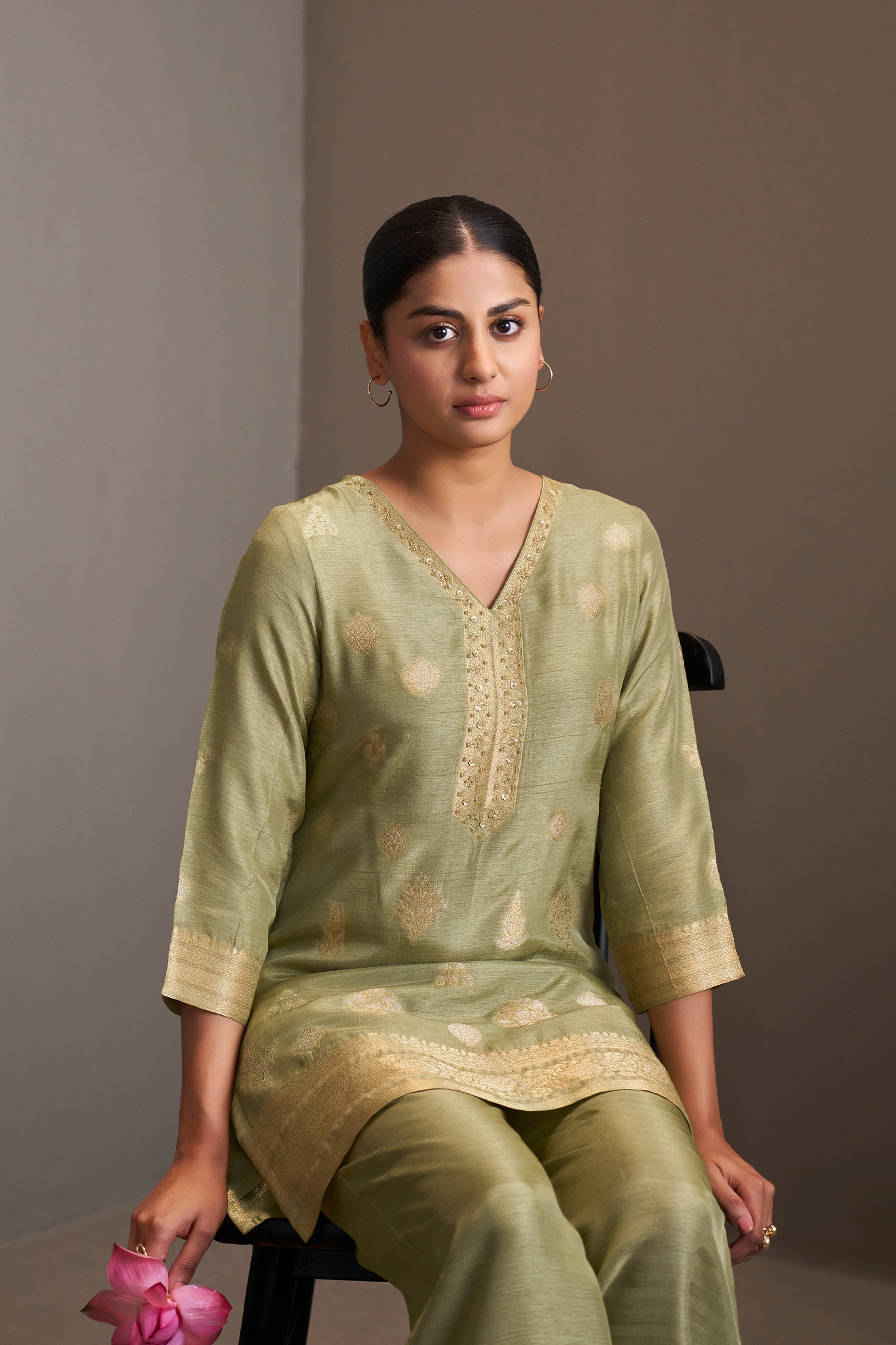 Sage Gold Linen Jacquard Co-Ord Set