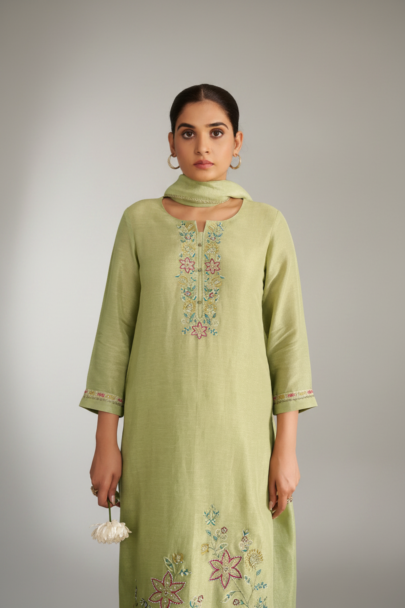 Soft Olive Shimmer Linen Embroidered Kurta Set