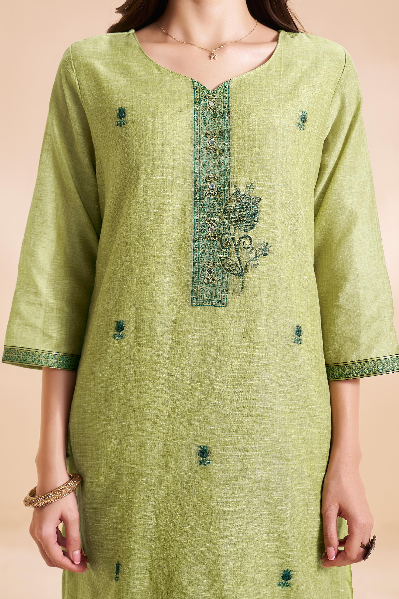 Olive Bloom Linen Chanderi Jacquard Kurta Set
