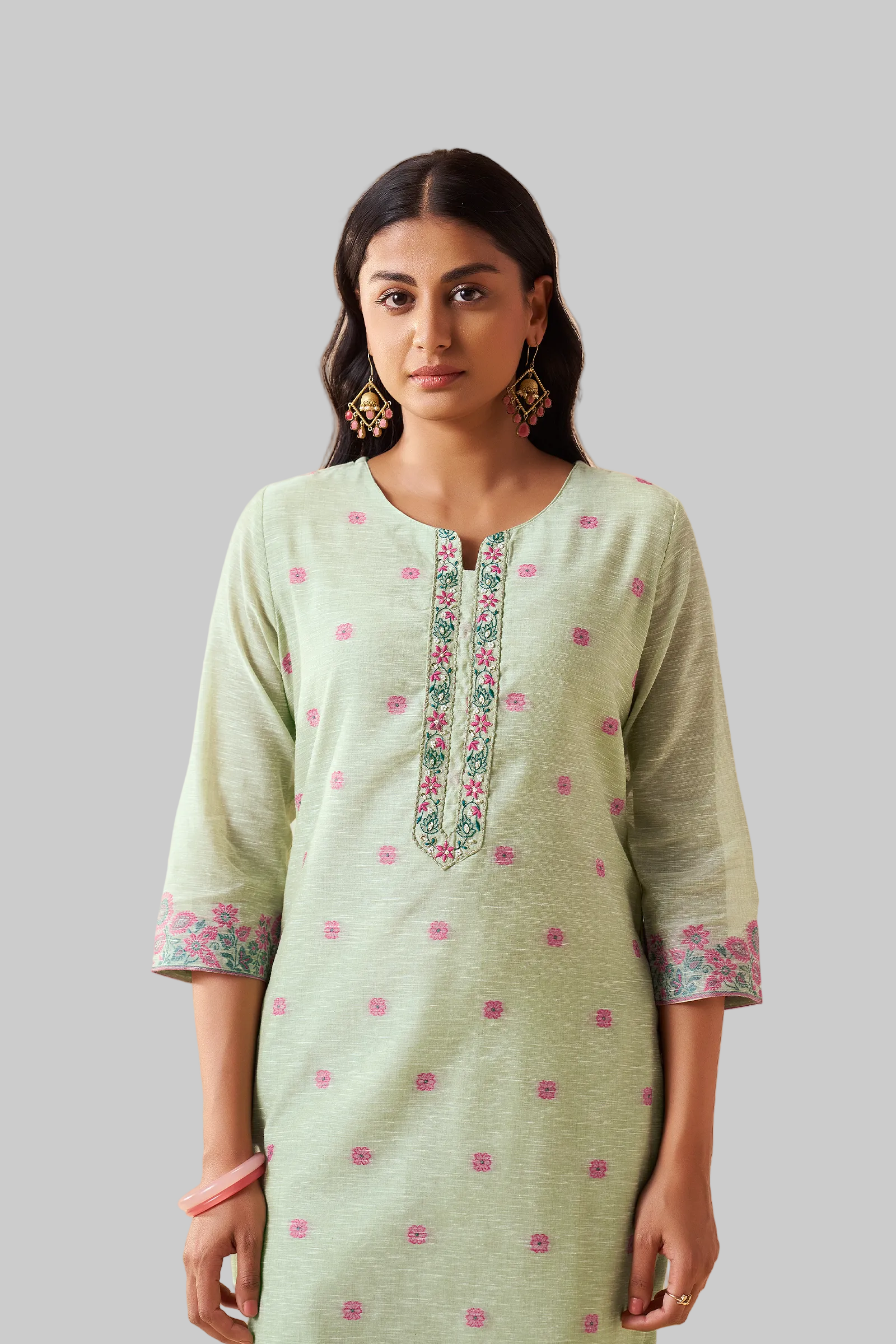 Blooming Pistachio Linen Chanderi Jacquard Kurta Set