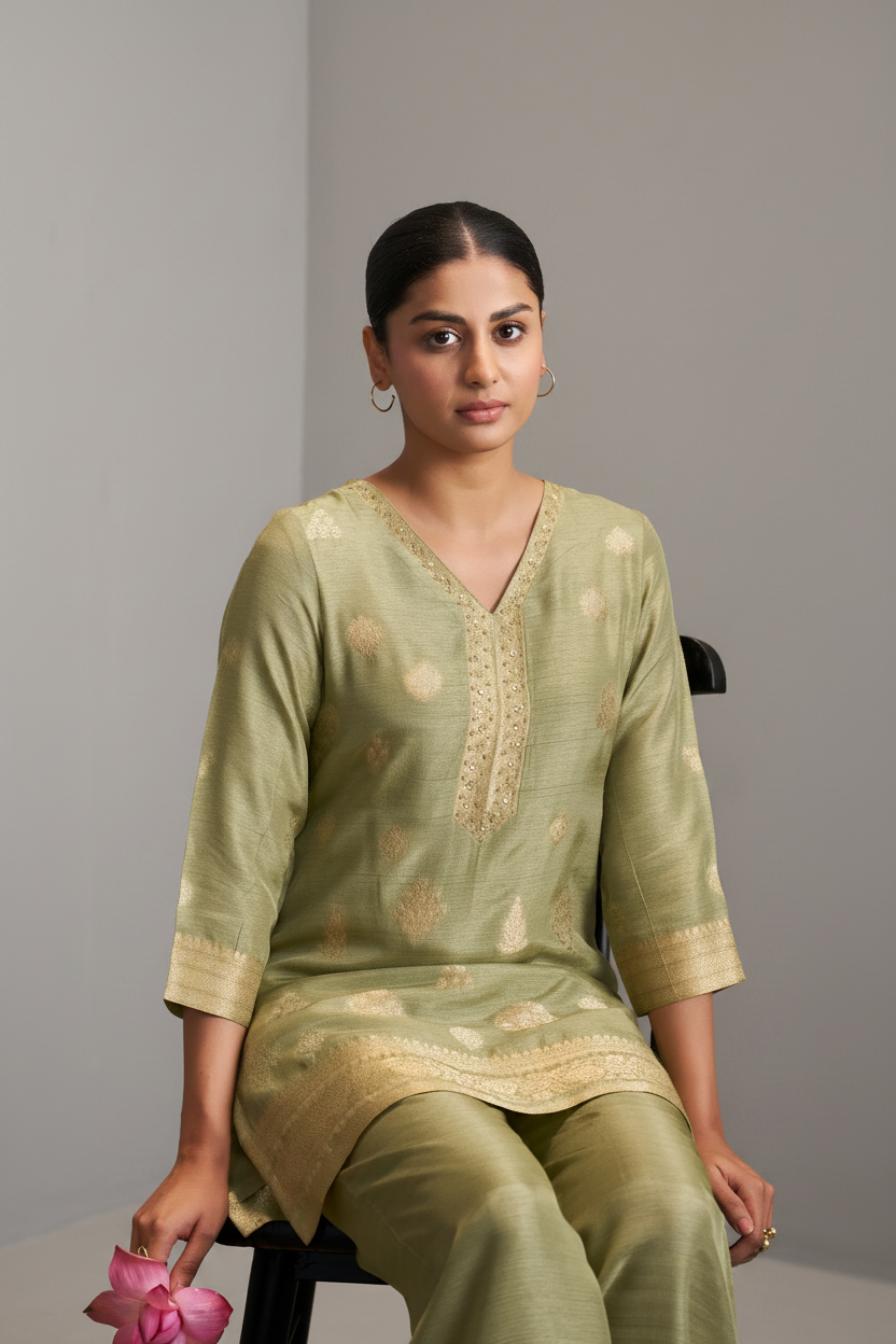 Sage Gold Linen Jacquard Co-Ord Set