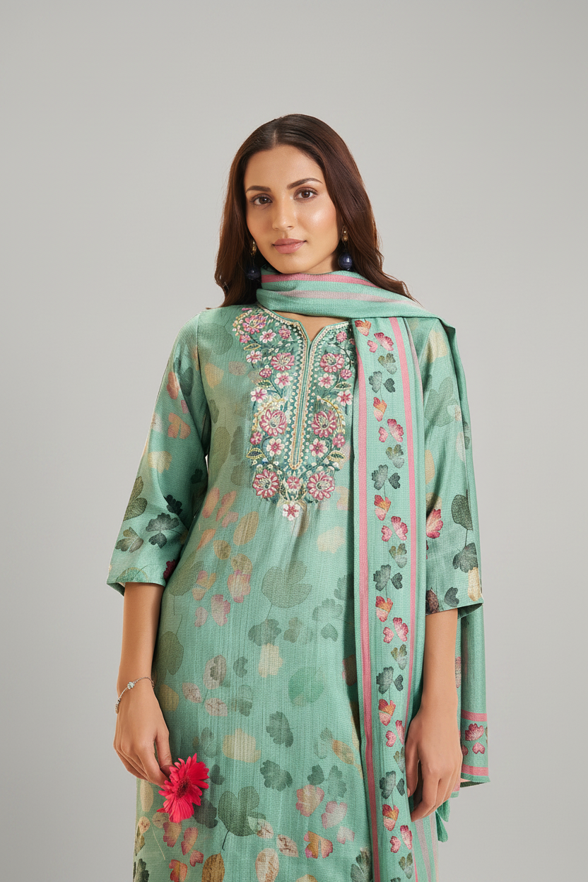 Soft Jade Digital Printed & Embroidered Viscose Kurta Set