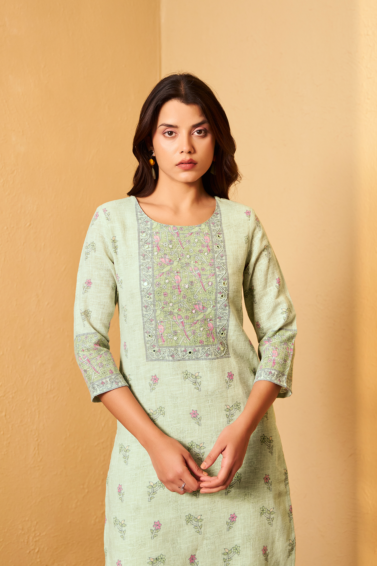 Ivory Mint Digital Printed Embroidered Kurta Set