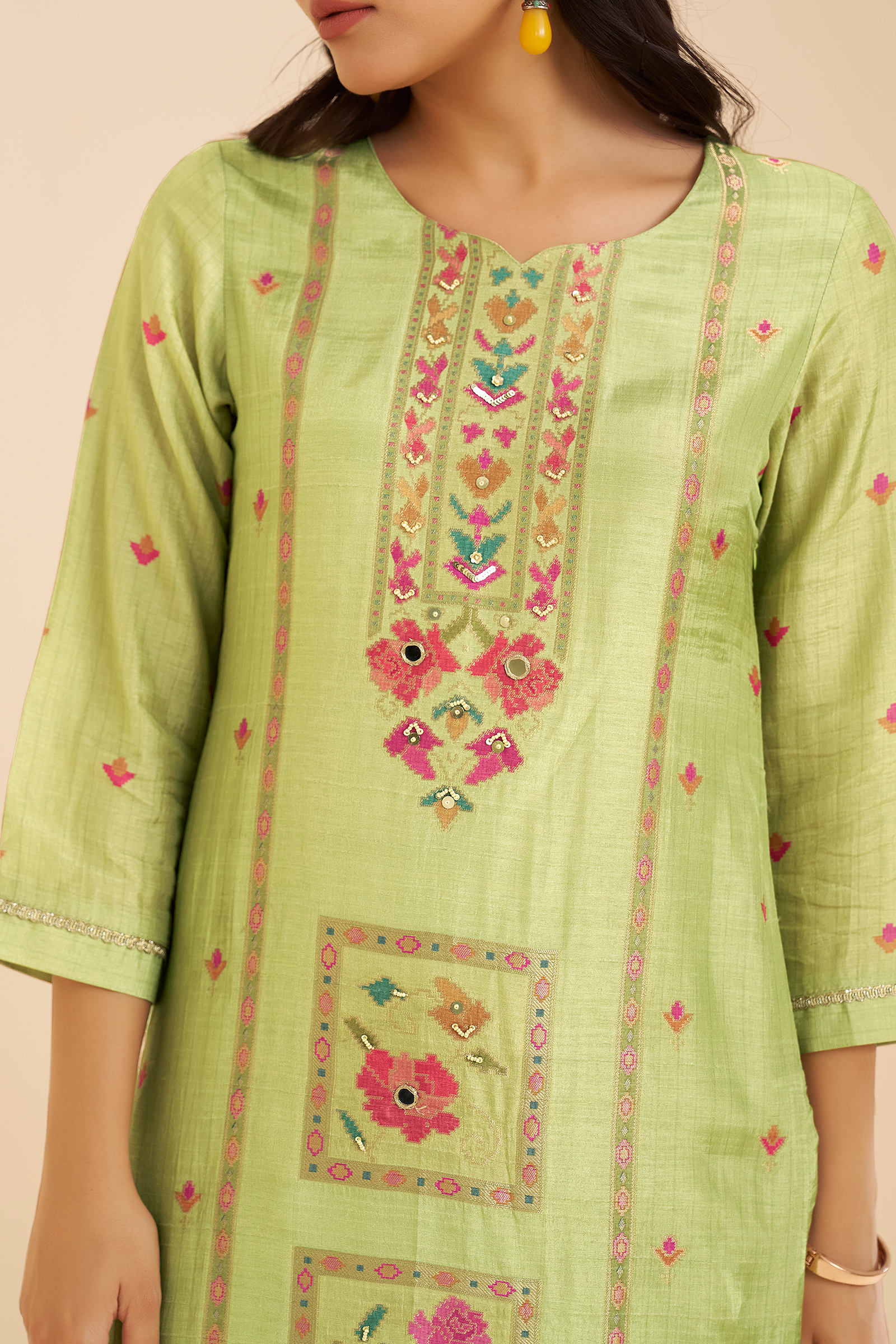 Pistachio Bloom Printed Viscose Jacquard Kurta Set