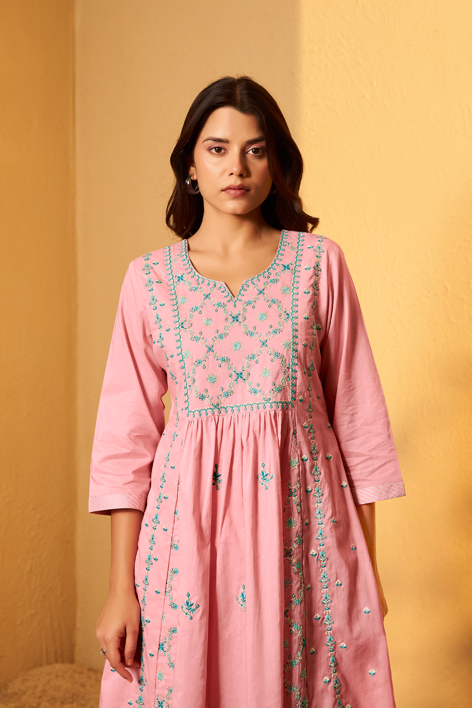 Gulabi Mist A-Line Cotton Embroidery Kurta Set