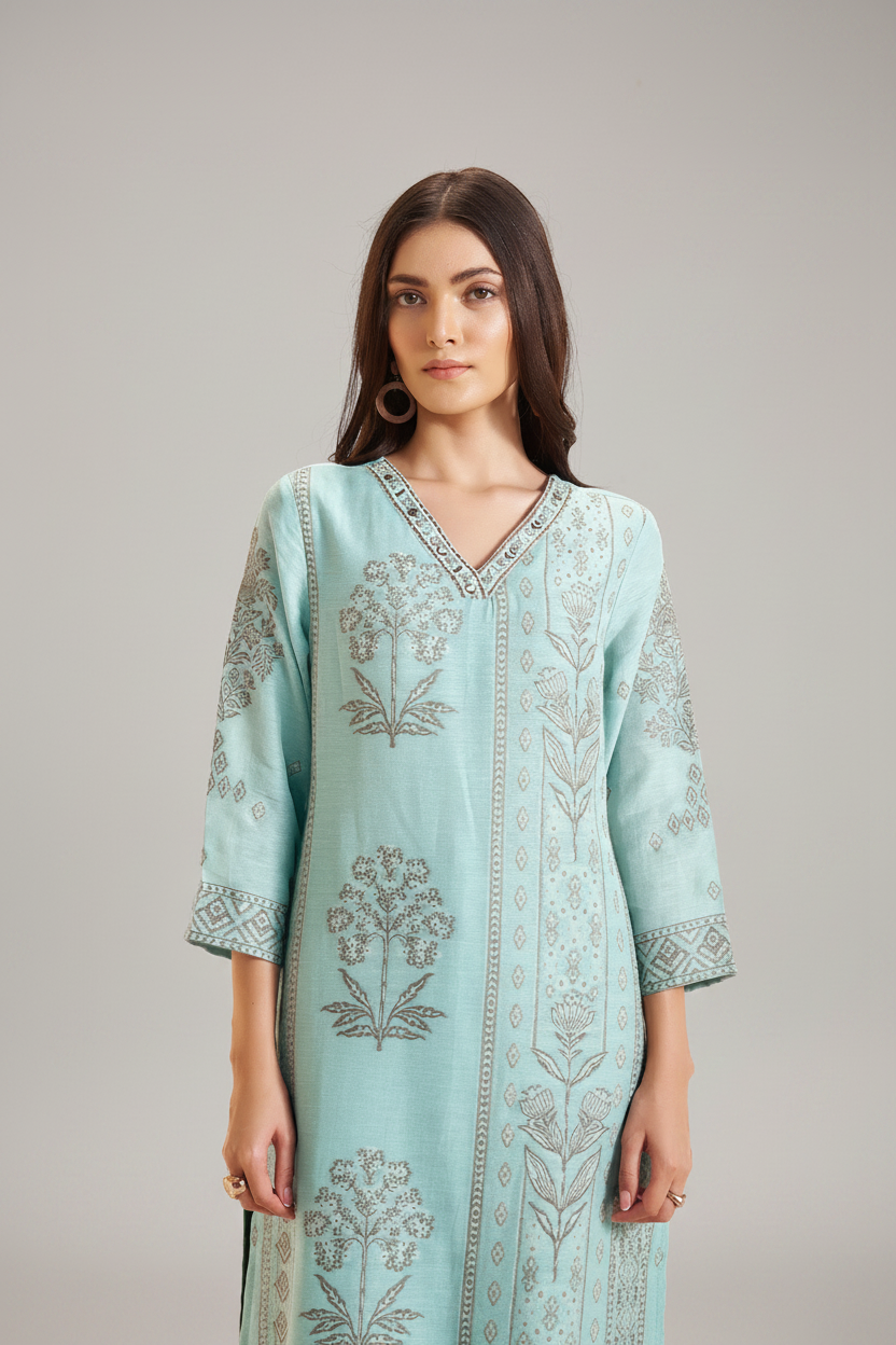 Powder Aqua Botanica Linen Jacquard Kurta set