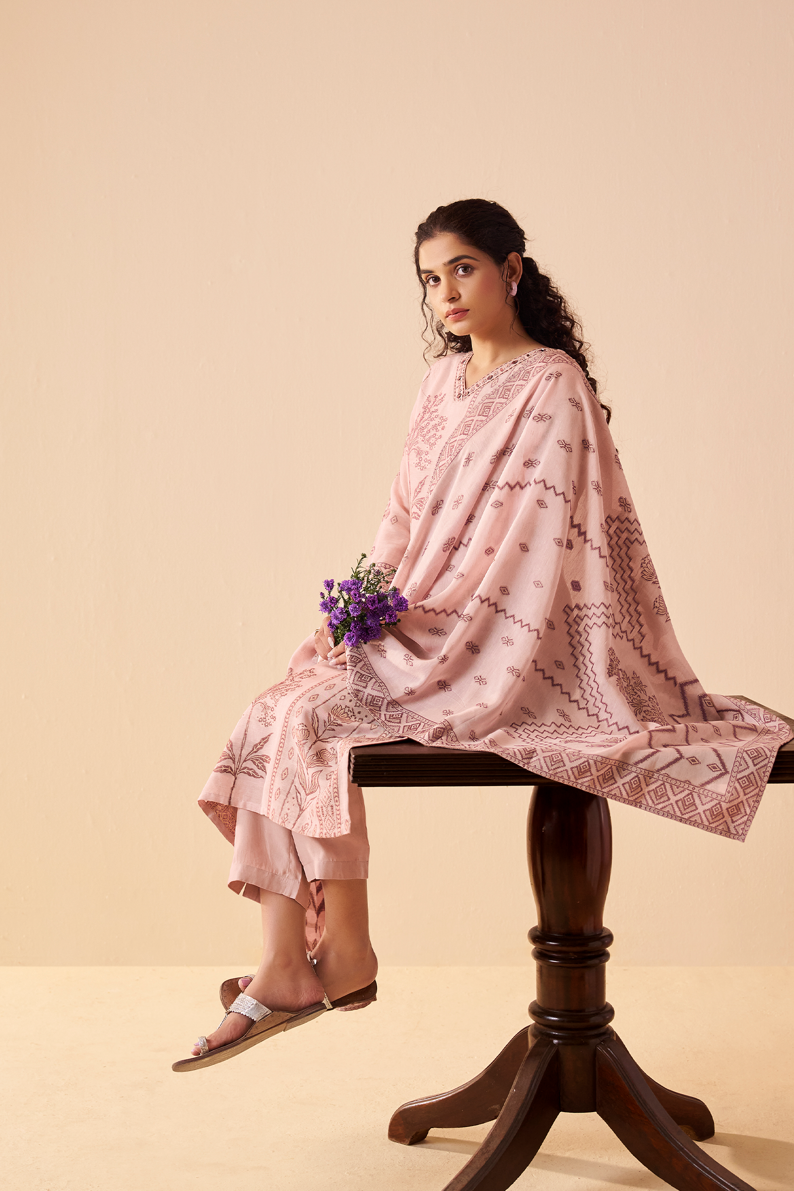 Rose Mist Linen Jacquard Kurta set