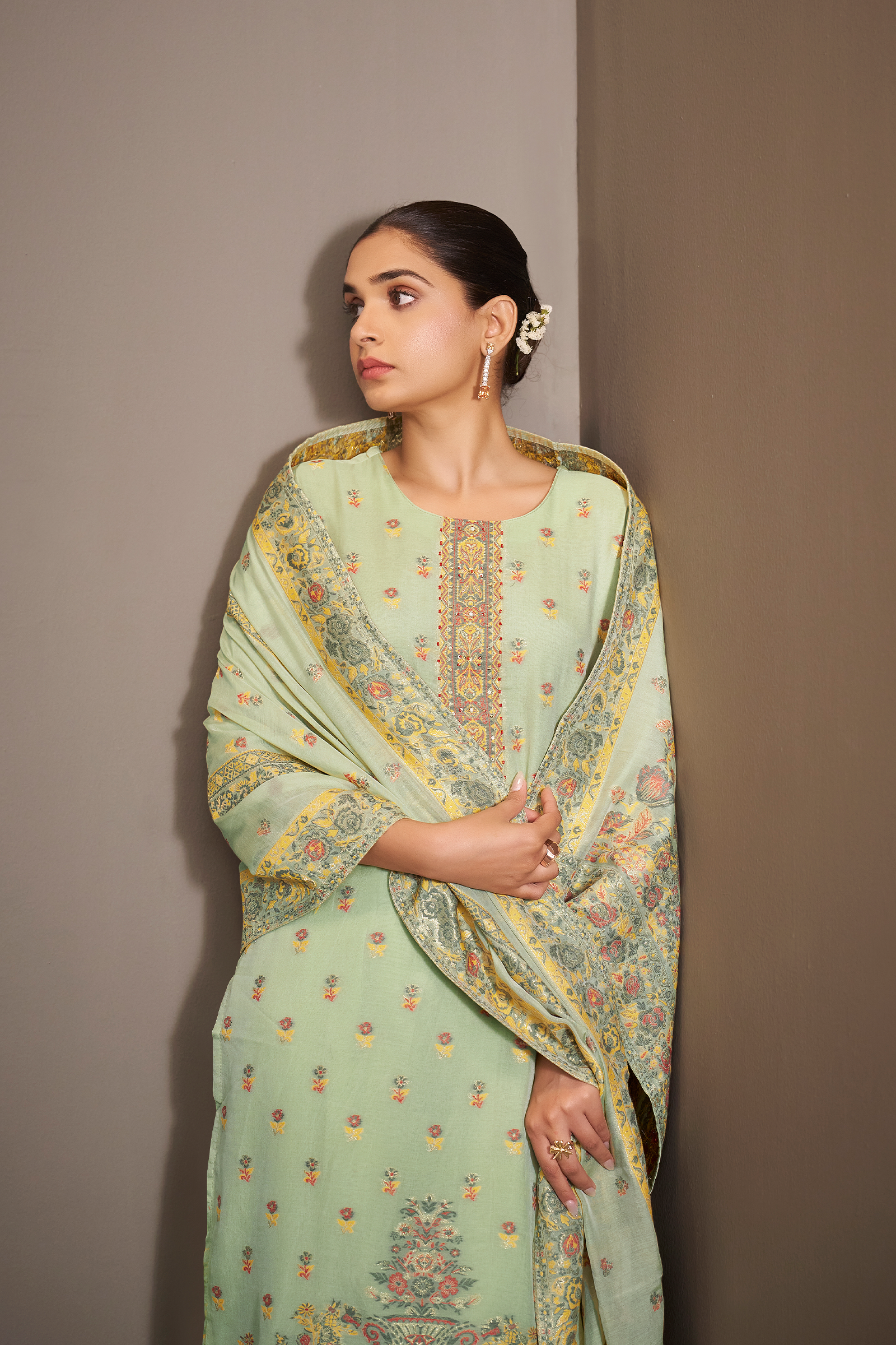 Soft Celadon Chanderi Multi-Meena Work Jacquard Kurta Set