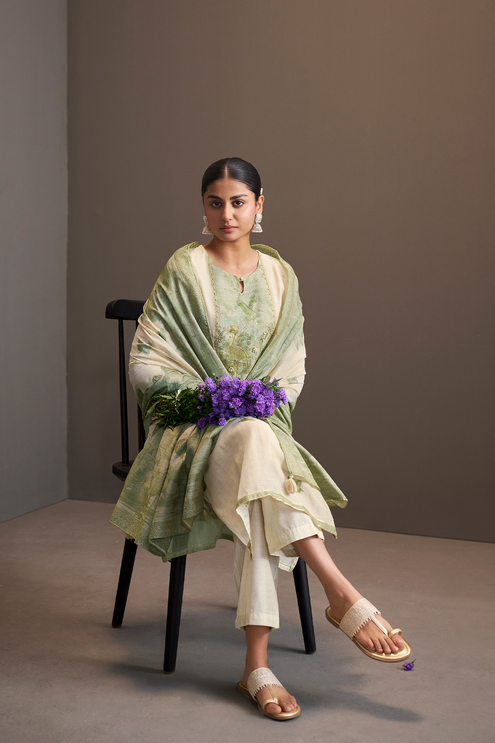 Sagewood Ivory Linen Chanderi Jacquard Kurta Set