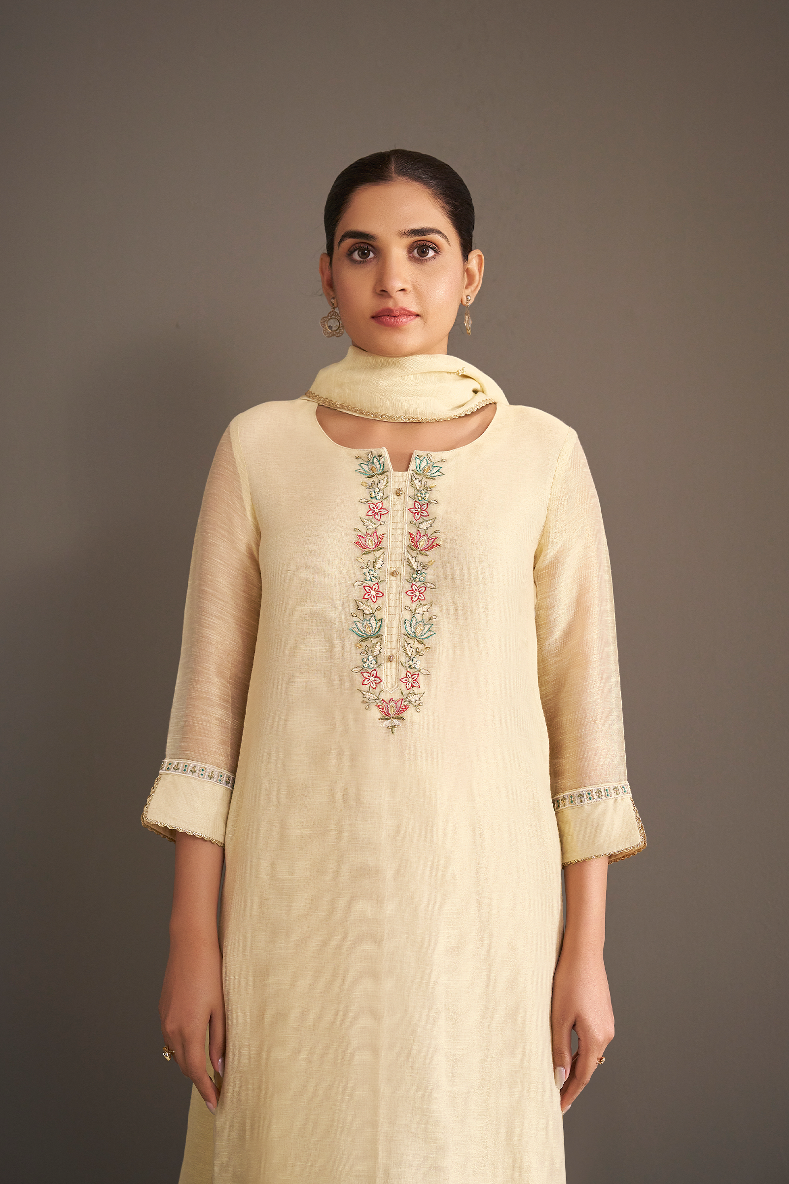Pearl Sand Shimmer Linen Embroidered Kurta Set
