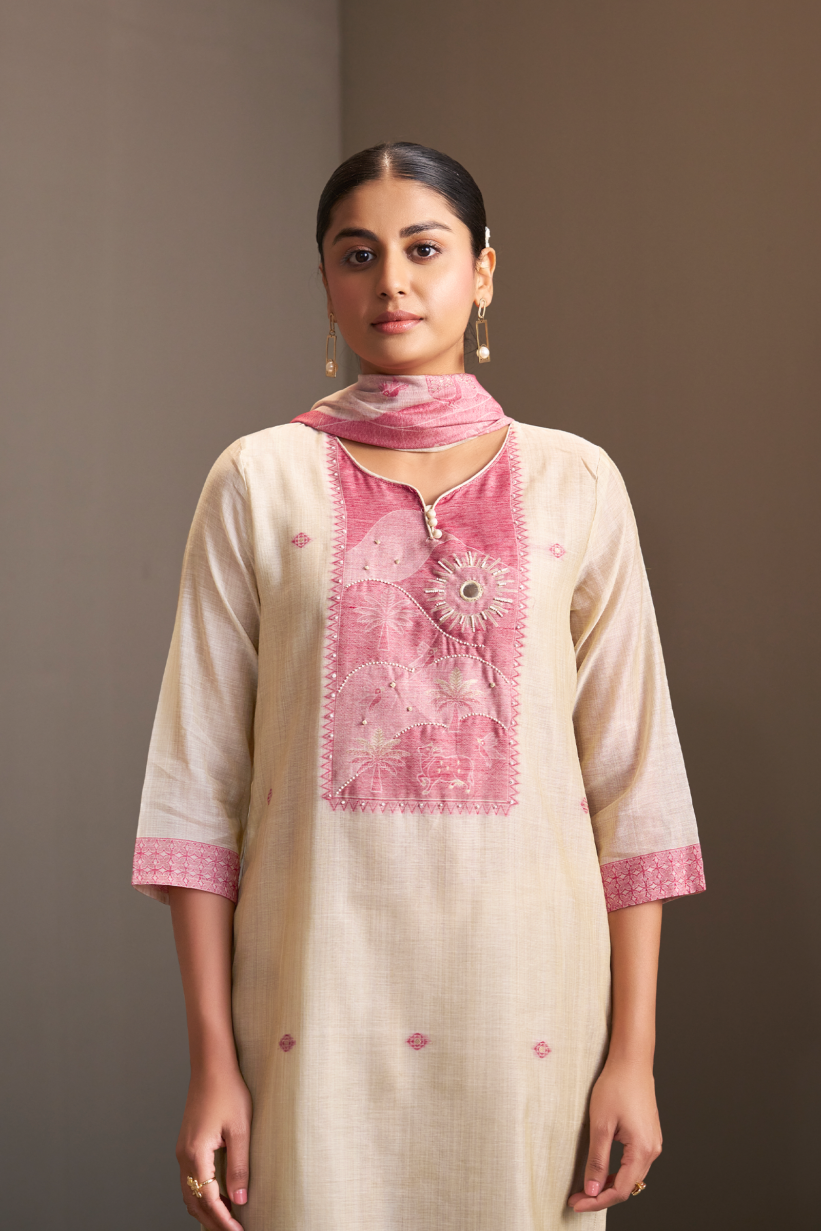 Rosewood Ivory Linen Chanderi Jacquard Kurta Set