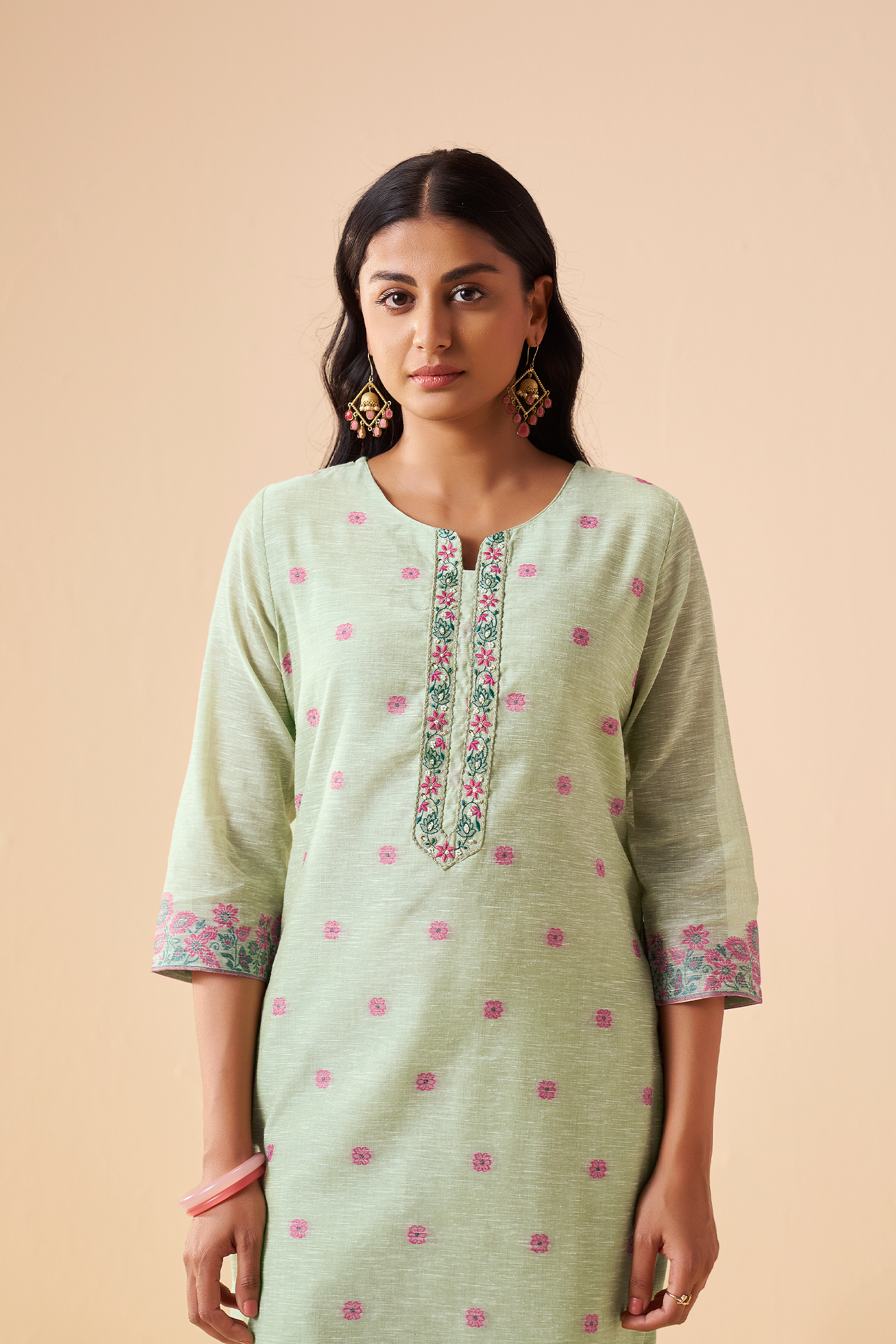 Blooming Pistachio Linen Chanderi Jacquard Kurta Set