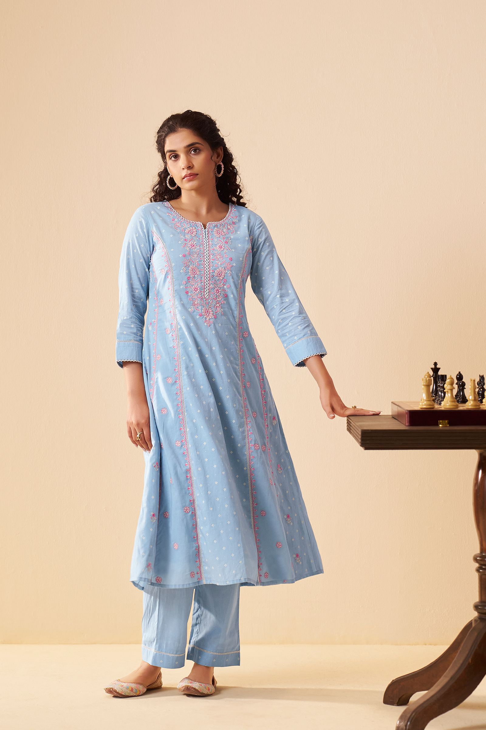 Pastel Sky Table Print Embroidered Kurta Set